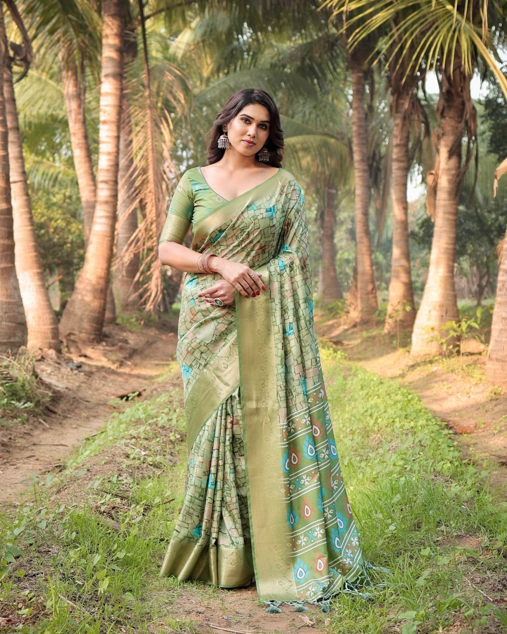Elegant Light Green Tussar Silk Saree with Zari Motif Border and Contemporary Checkered Pallu Design - SEEANS