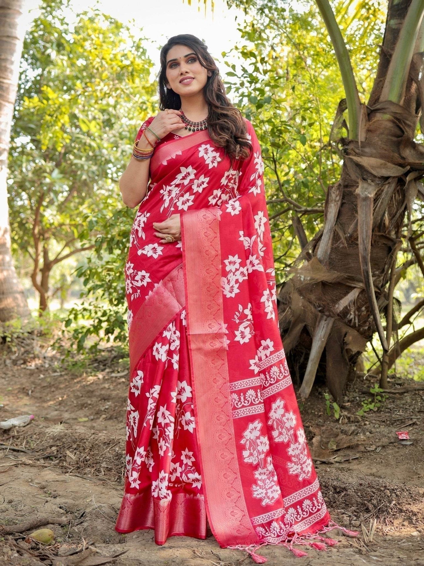 Graceful Red Tussar Silk Saree with White Floral Design and Zari Border - SEEANS