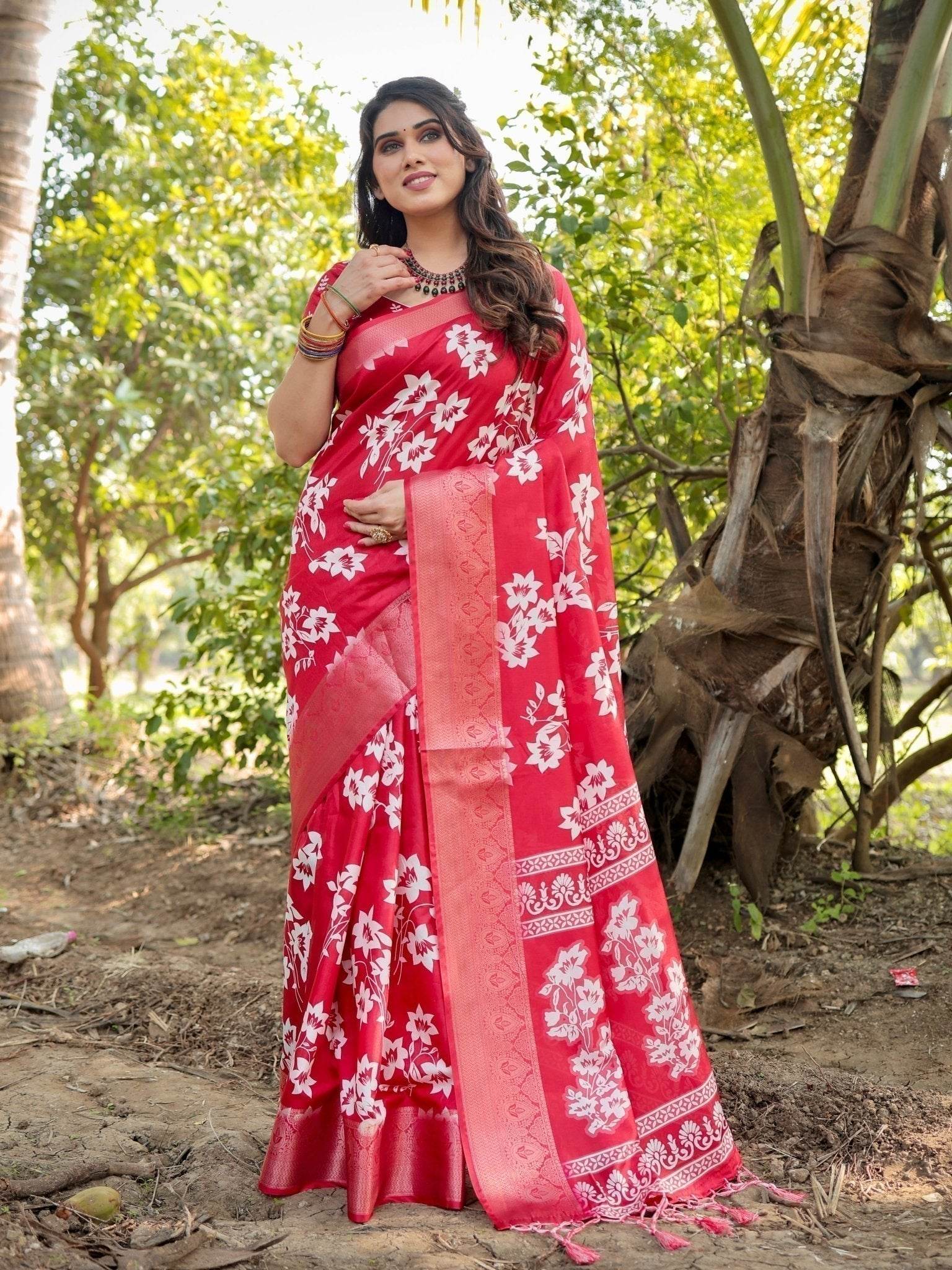 Graceful Red Tussar Silk Saree with White Floral Design and Zari Border - SEEANS