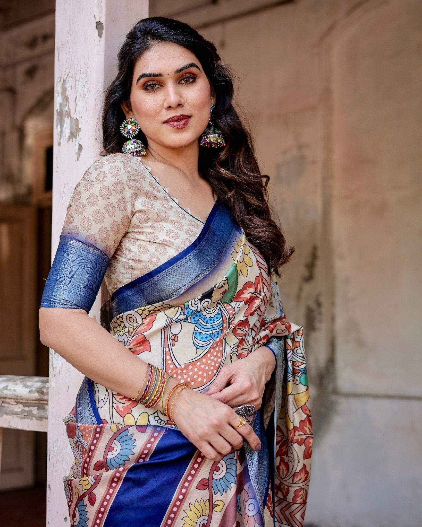 Multicolor Tussar Silk Saree with Artistic Floral Motifs and Traditional Blue Zari Border - SEEANS