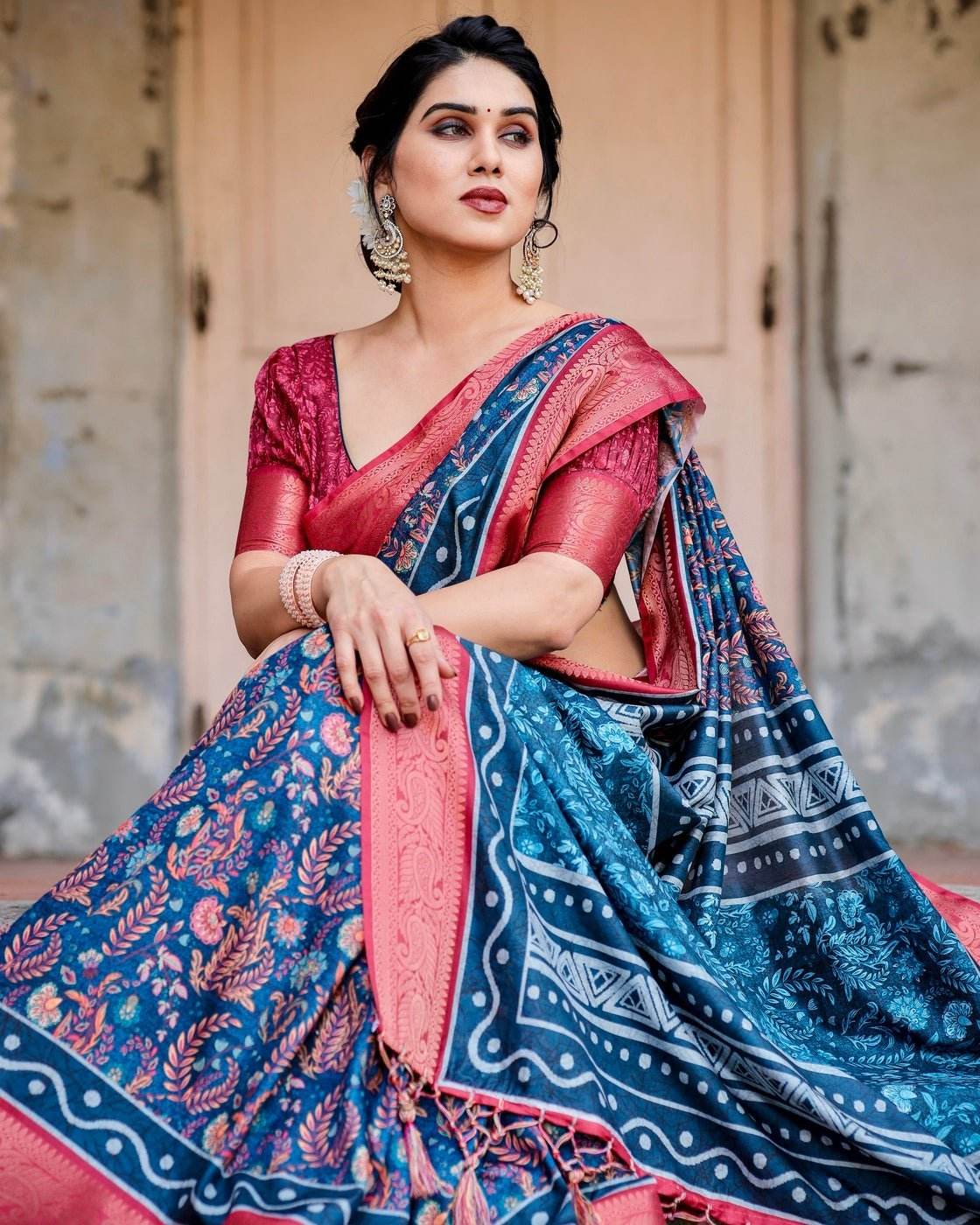 Teal Blue and Coral Tussar Silk Saree with Floral Weaves and Geometric Pallu - SEEANS