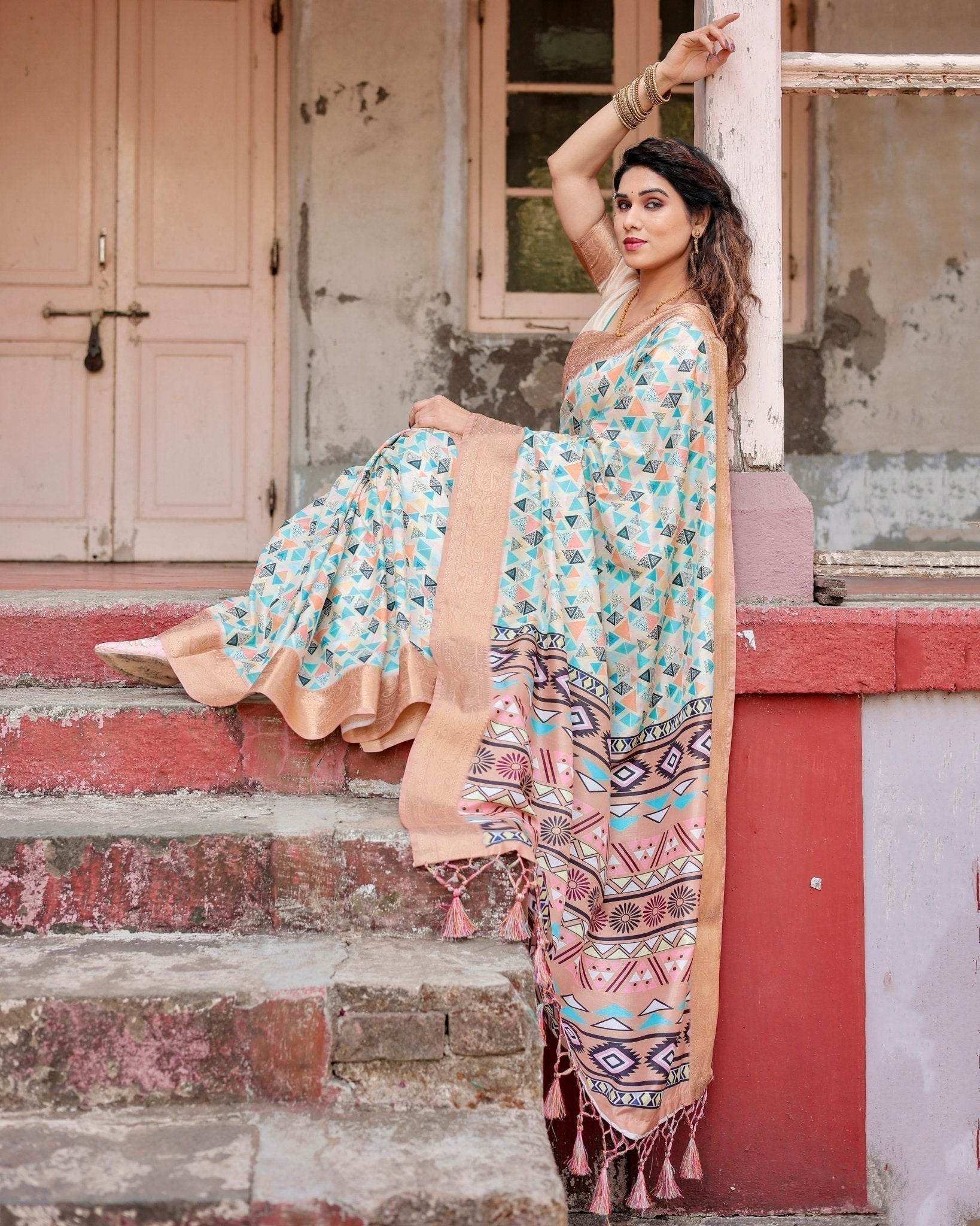 Contemporary Beige Tussar Silk Saree with Geometric Triangle Print and Golden Zari Border - SEEANS