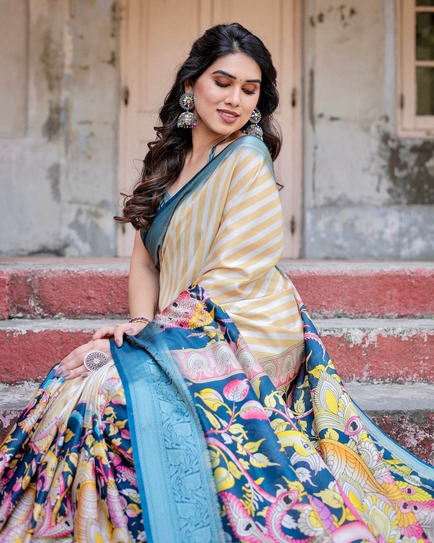 Beige & Teal Tussar Silk Saree with Intricate Kalamkari and Zari Border - SEEANS