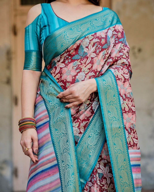 Maroon and Teal Tussar Silk Saree with Floral Zari Weave and Striped Pallu - SEEANS