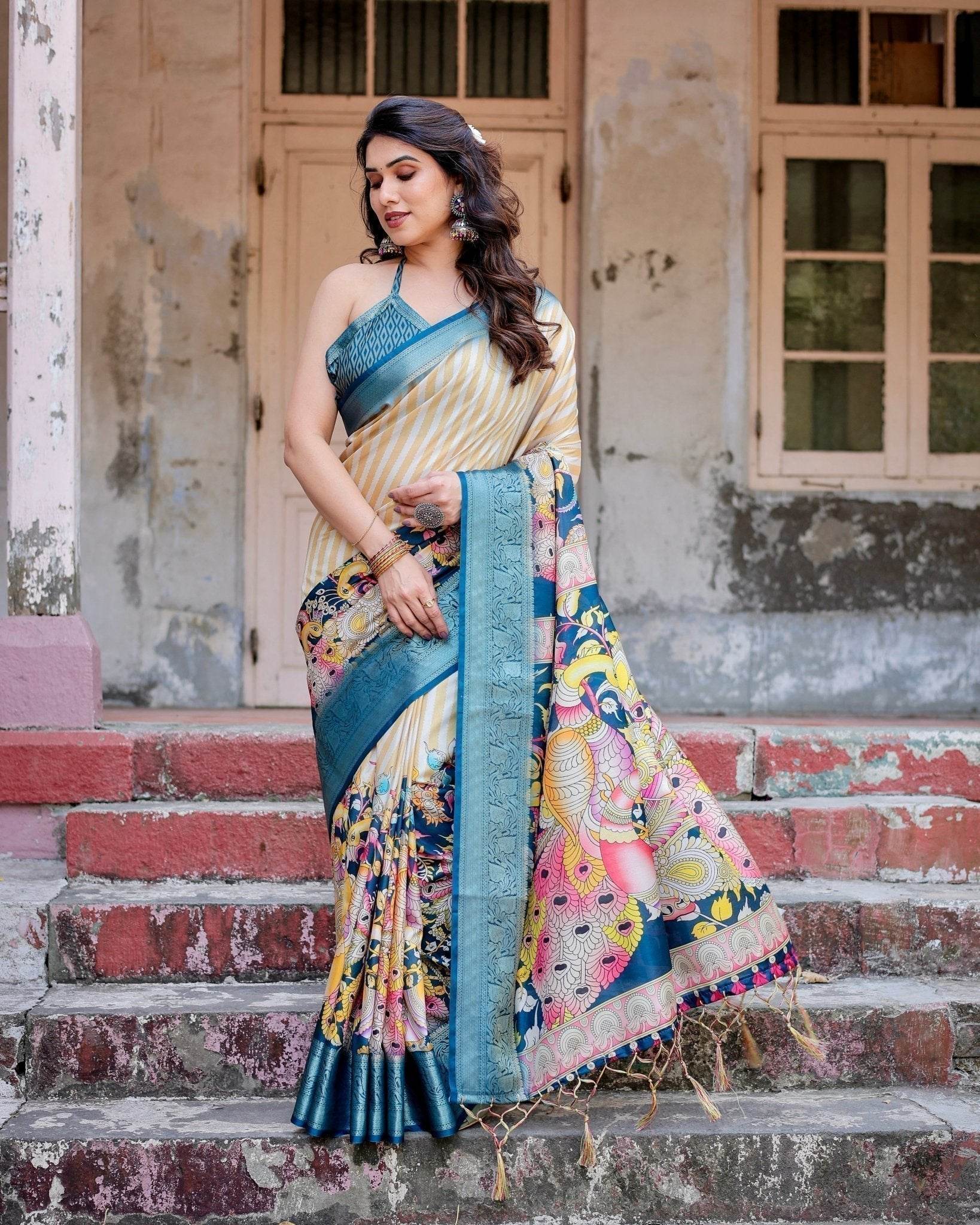 Beige & Teal Tussar Silk Saree with Intricate Kalamkari and Zari Border - SEEANS