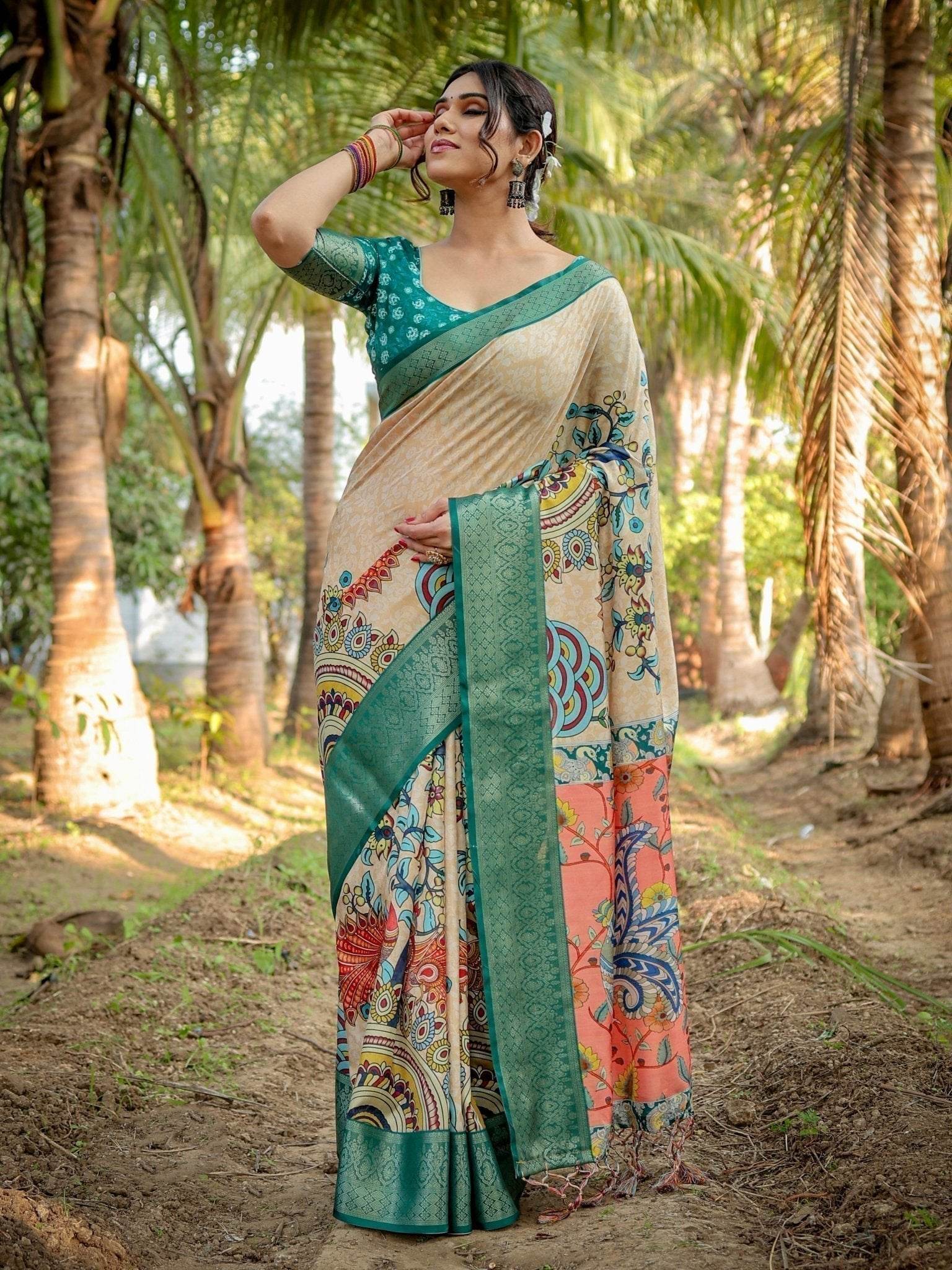 Elegant Tussar Silk Saree in Beige and Coral with Madhubani Pallu and Zari Accents - SEEANS