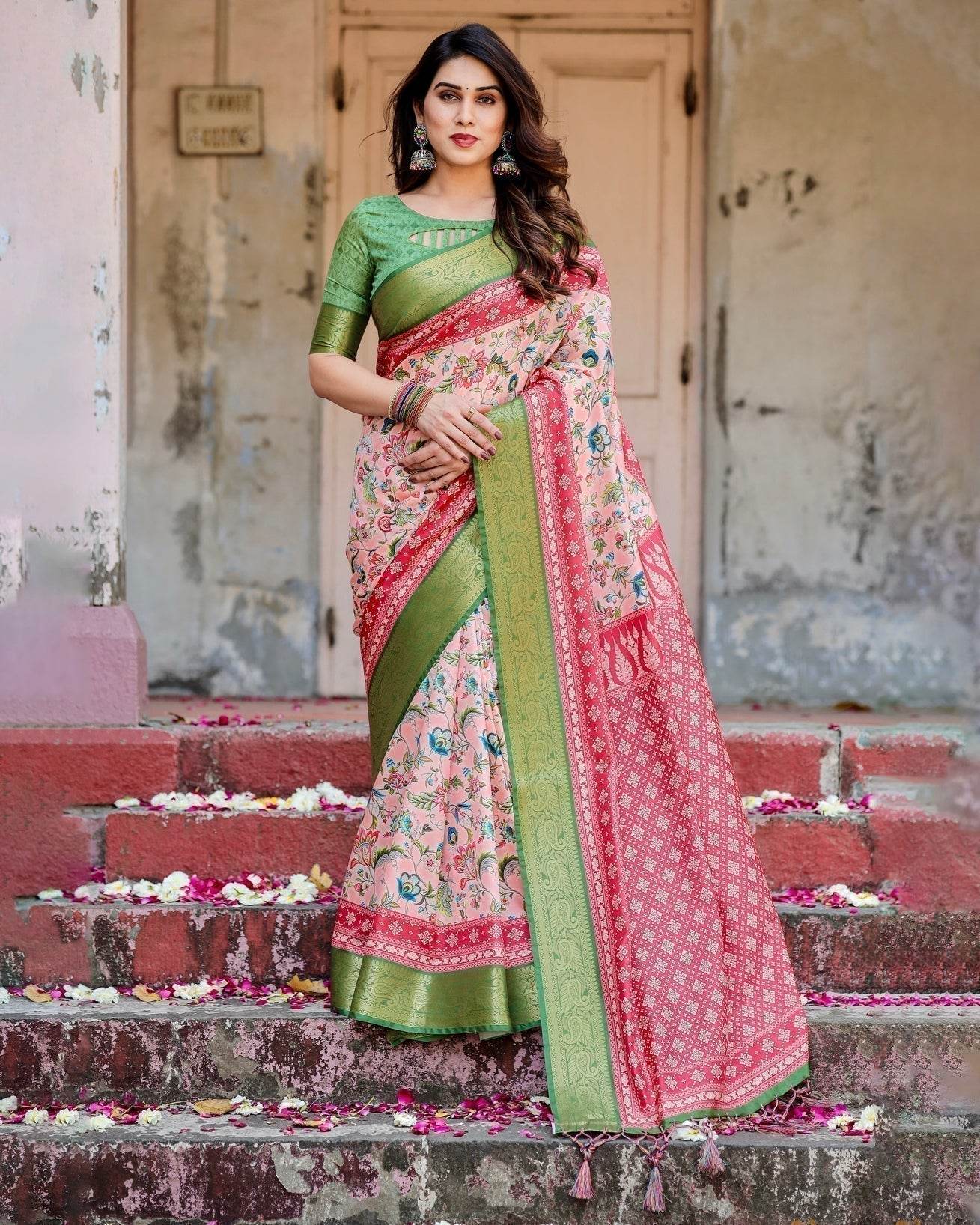 Blush Pink and Green Tussar Silk Saree with Floral Prints and Intricate Zari Work - SEEANS