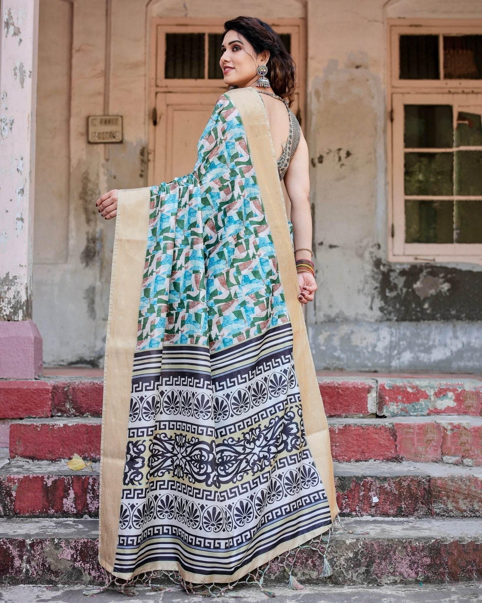 Contemporary Abstract Print Saree with Gold Border and Monochrome Patterned Pallu - SEEANS