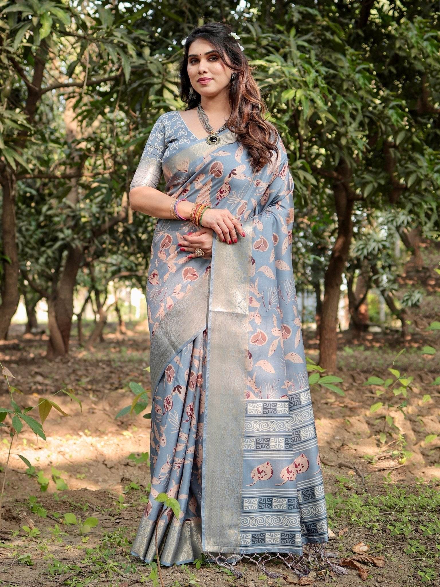 Stylish Sky Blue Tussar Silk Saree with Beige and Gold Zari Work and Contemporary Pallu Design - SEEANS