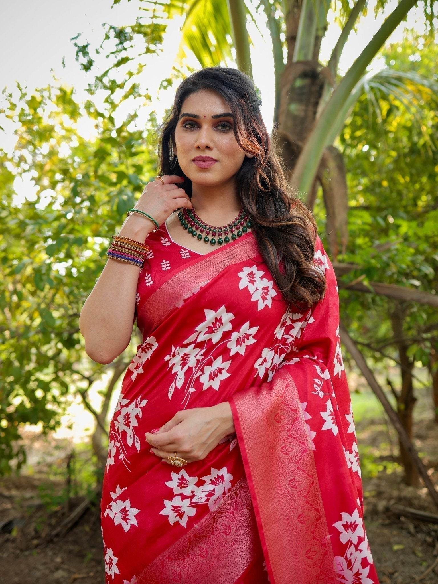 Graceful Red Tussar Silk Saree with White Floral Design and Zari Border - SEEANS