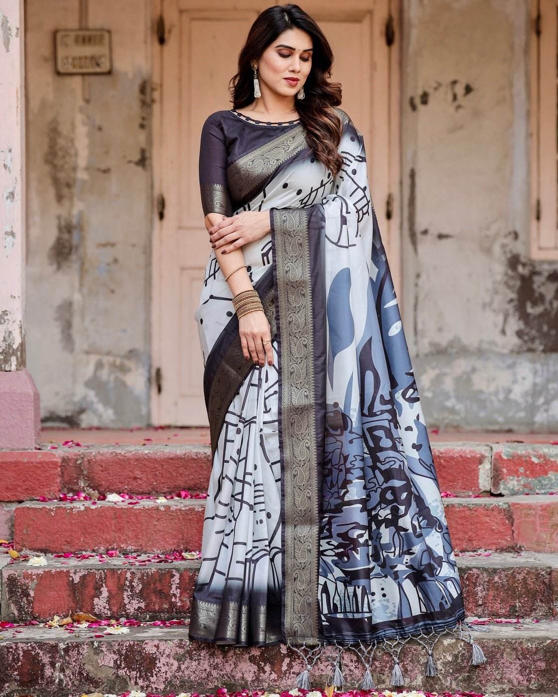 Monochrome Abstract Tussar Silk Saree with Charcoal Gray Zari Border - SEEANS