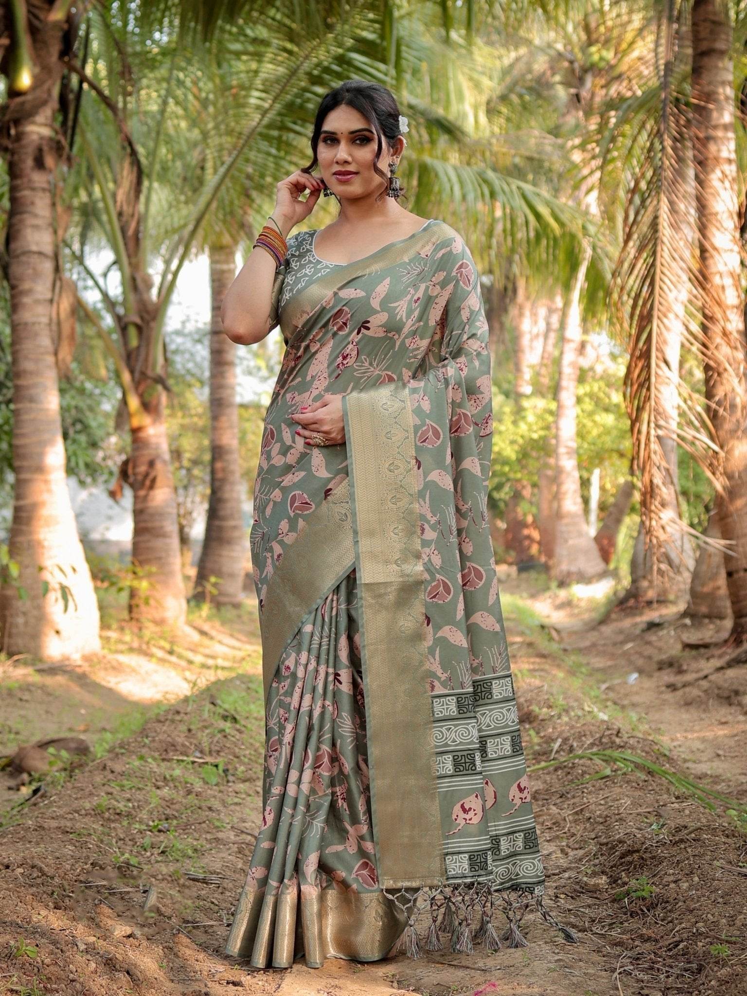 Graceful Olive Green Tussar Silk Saree with Intricate Beige and Maroon Botanical Print and Zari Border - SEEANS