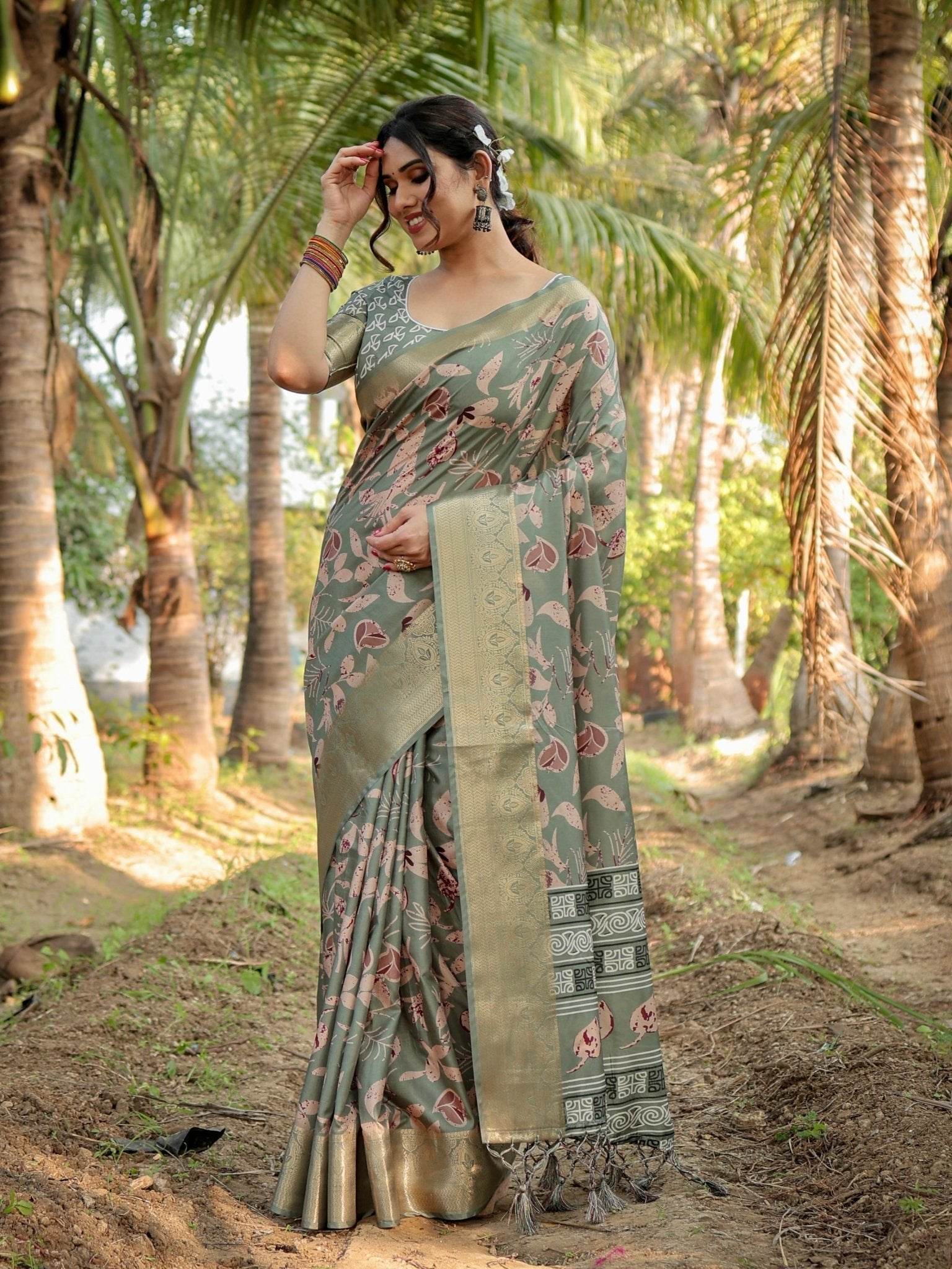 Graceful Olive Green Tussar Silk Saree with Intricate Beige and Maroon Botanical Print and Zari Border - SEEANS