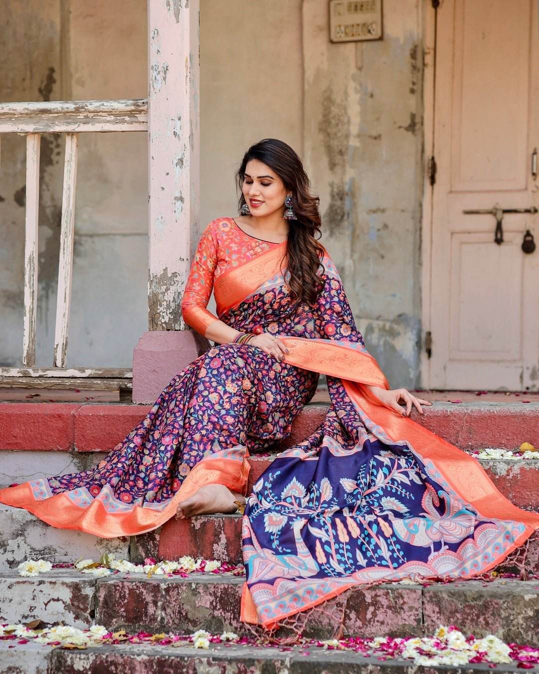 Navy Blue and Peach Tussar Silk Saree with Peacock Motifs and Floral Zari Border - SEEANS