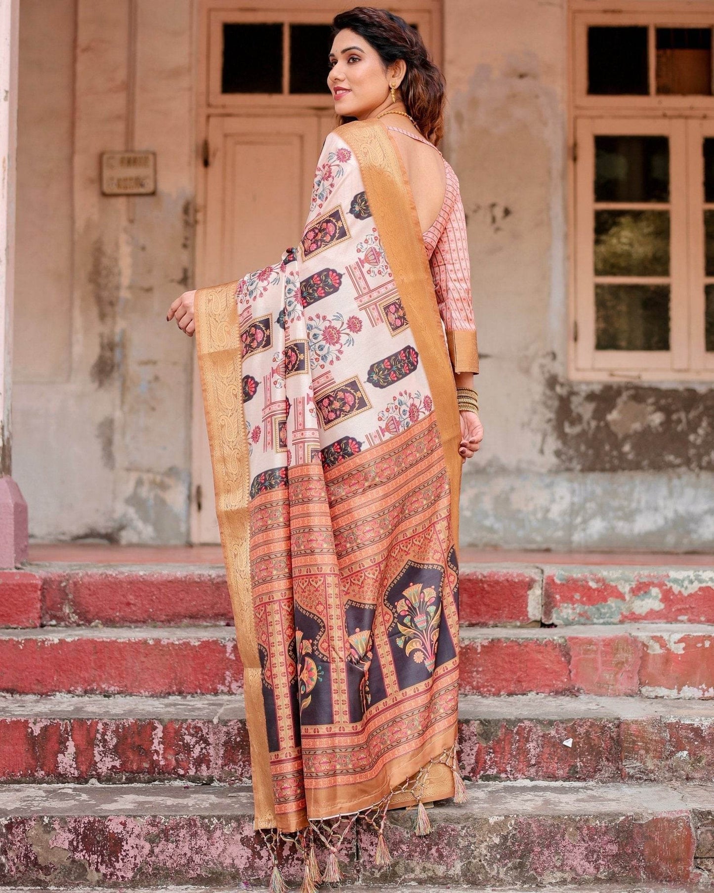 Ivory Tussar Silk Saree with Artistic Floral Motifs and Gleaming Golden Zari Border - SEEANS