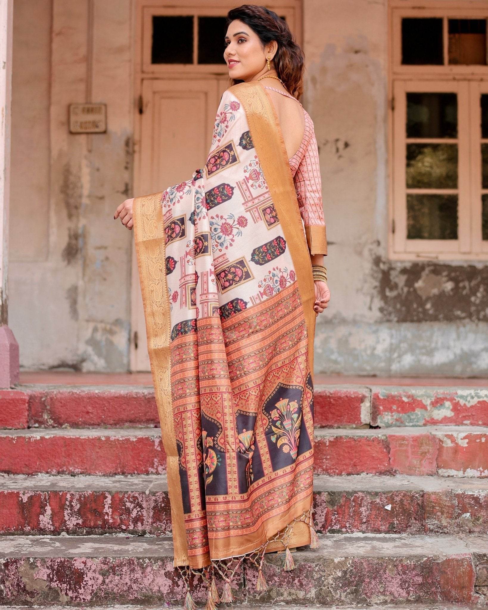 Ivory Tussar Silk Saree with Artistic Floral Motifs and Gleaming Golden Zari Border - SEEANS
