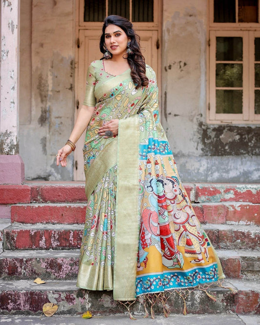 Pastel Green Tussar Silk Saree with Mythological Kalamkari Pallu and Zari Border - SEEANS
