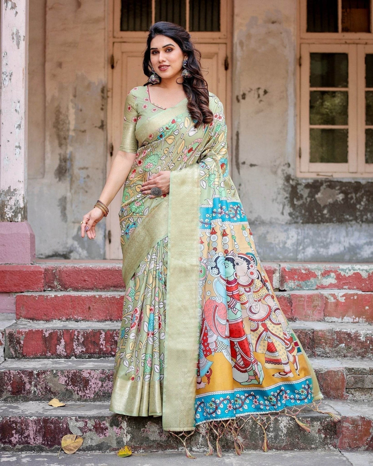Pastel Green Tussar Silk Saree with Mythological Kalamkari Pallu and Zari Border - SEEANS