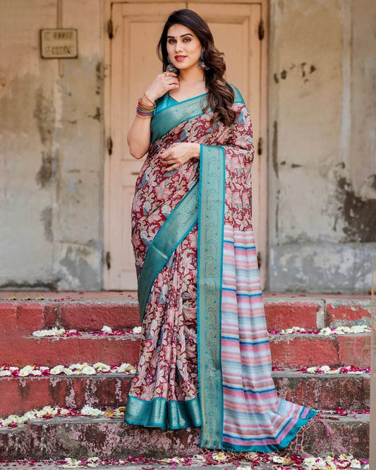 Maroon and Teal Tussar Silk Saree with Floral Zari Weave and Striped Pallu - SEEANS