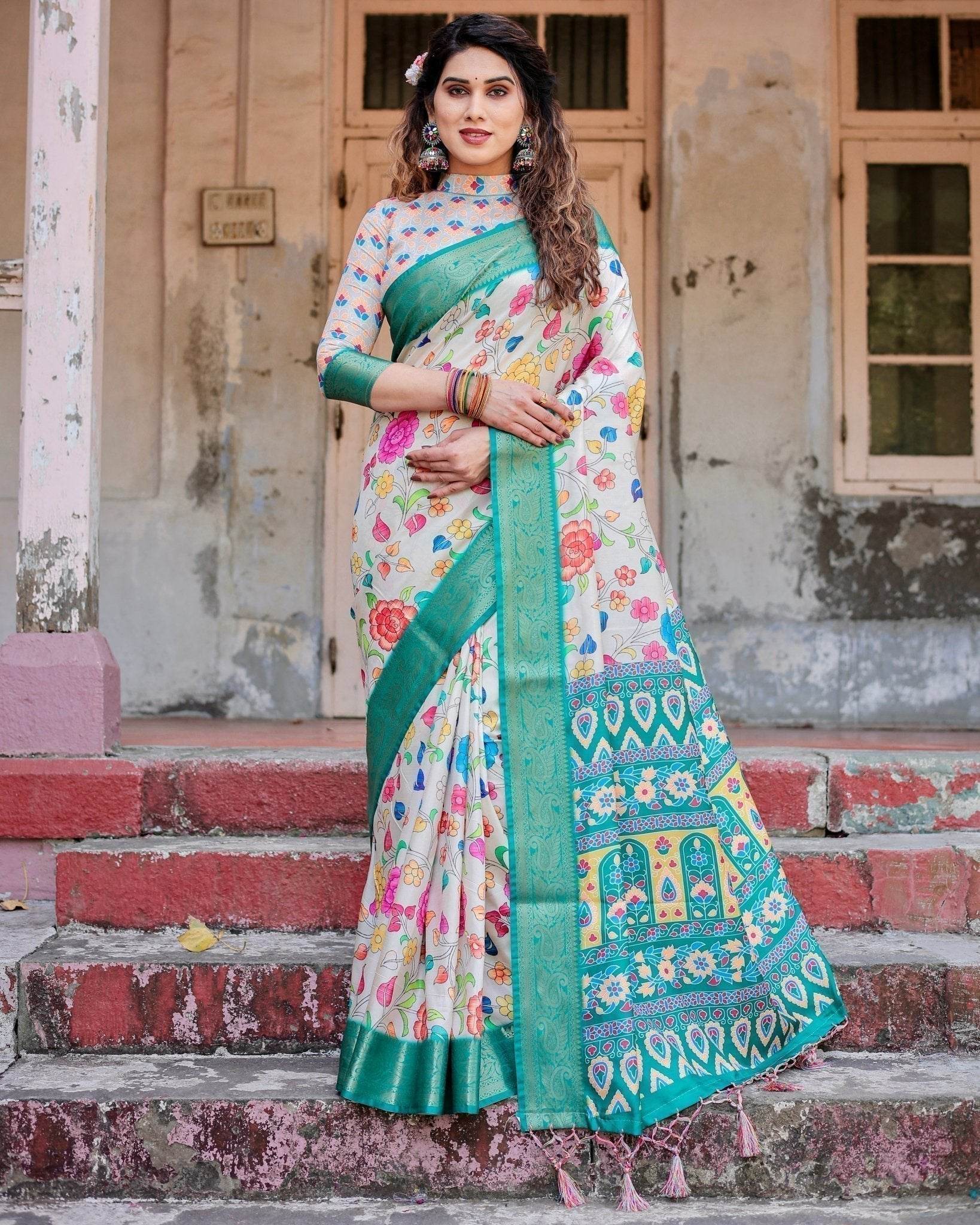 Elegant Multicolor Floral Digital Print Saree with Ornate Green Border and Artistic Pallu - SEEANS