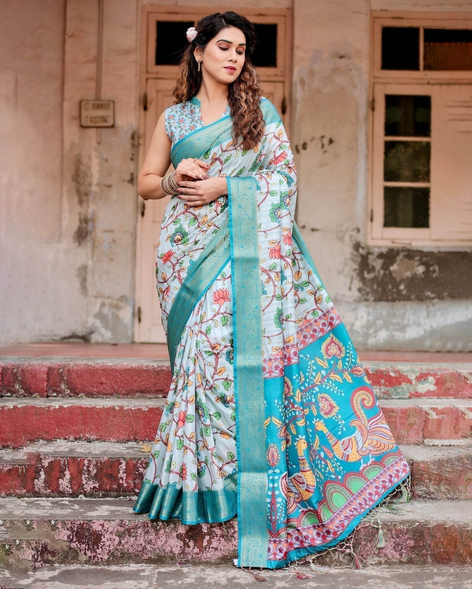 Sky Blue Tussar Silk Saree with Multicolor Floral Design and Zari Paisley Border - SEEANS