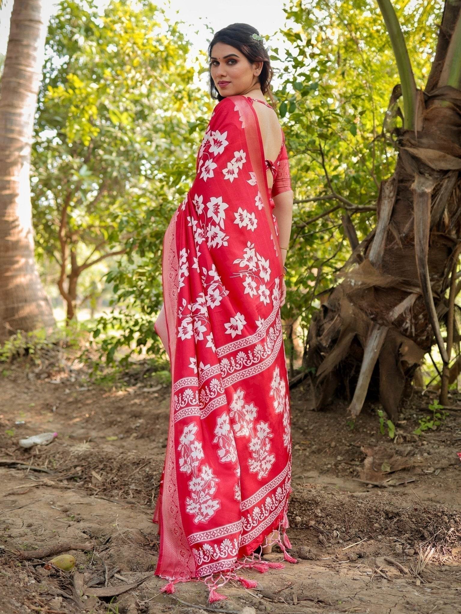 Graceful Red Tussar Silk Saree with White Floral Design and Zari Border - SEEANS