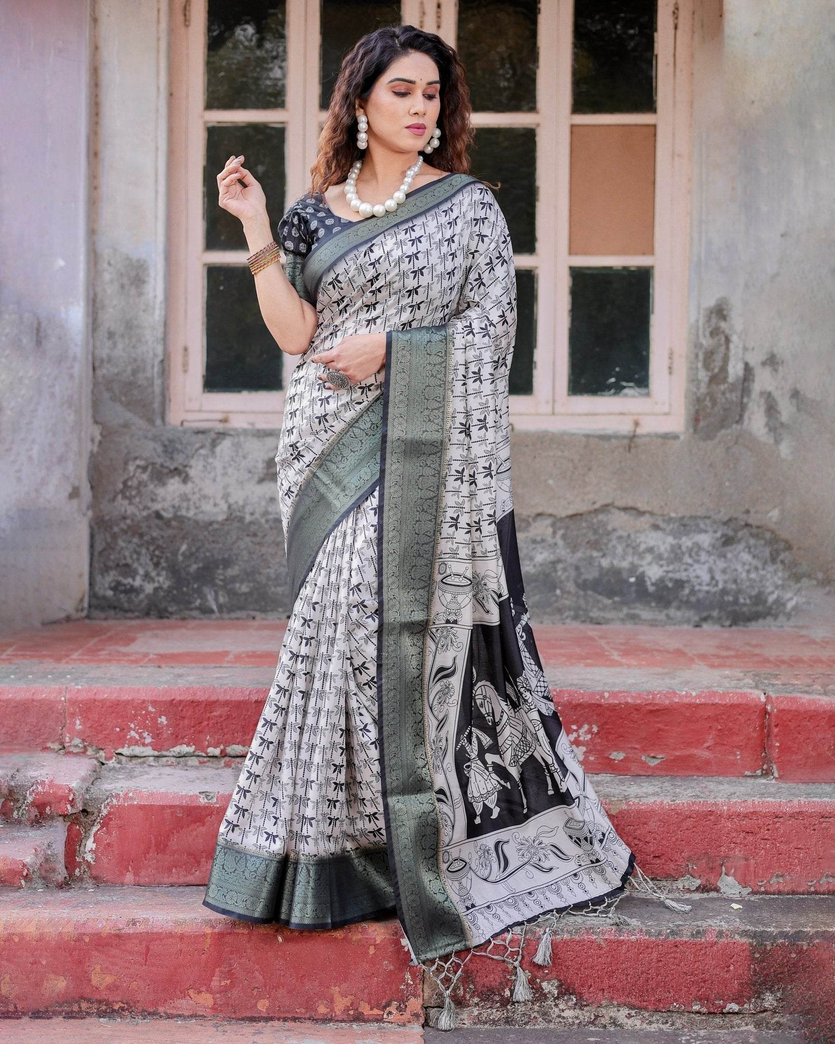 Monochrome White and Black Tussar Silk Saree with Tribal Art Motifs and Zari Border - SEEANS