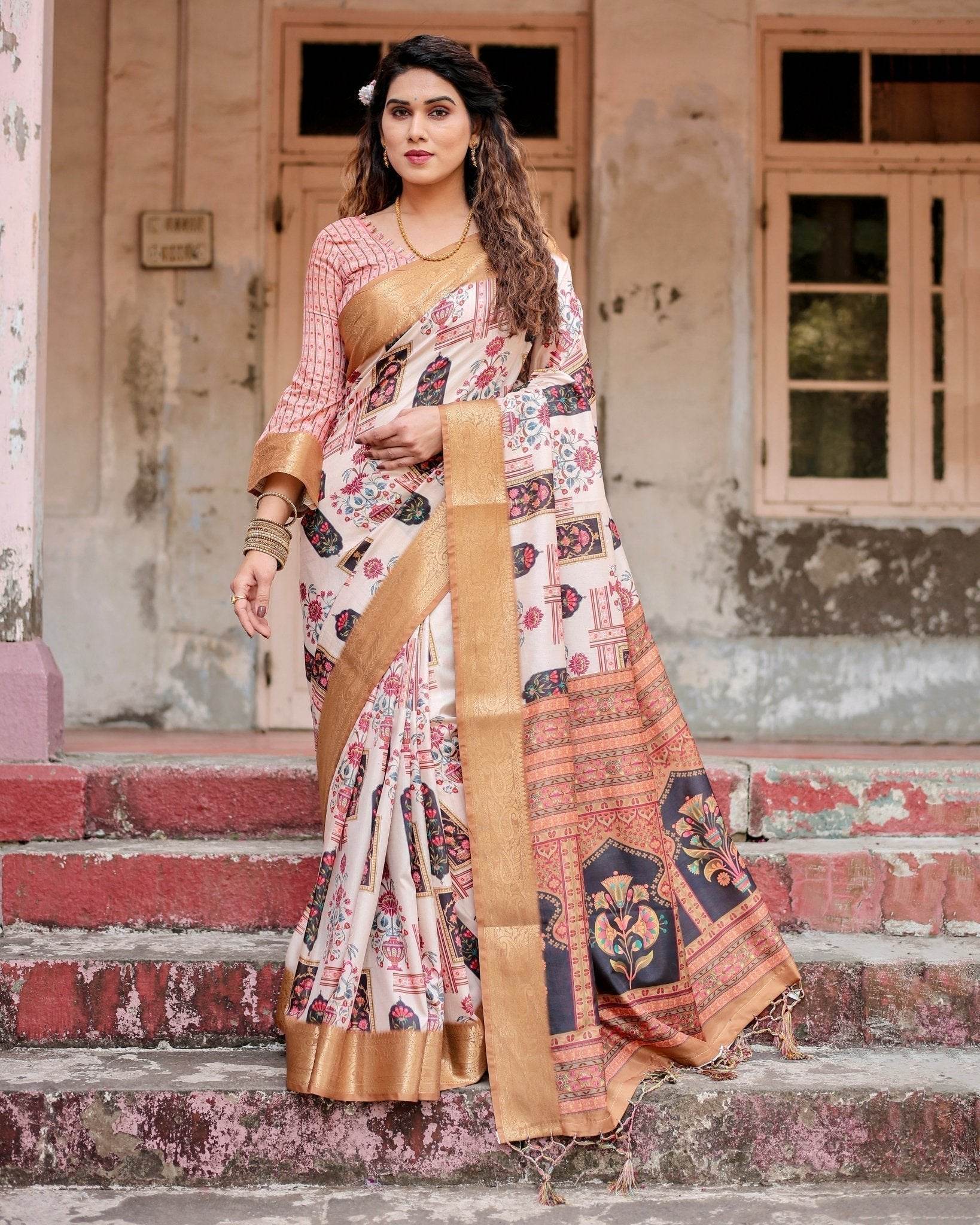 Ivory Tussar Silk Saree with Artistic Floral Motifs and Gleaming Golden Zari Border - SEEANS