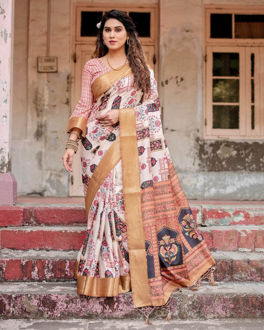 Ivory Tussar Silk Saree with Artistic Floral Motifs and Gleaming Golden Zari Border - SEEANS