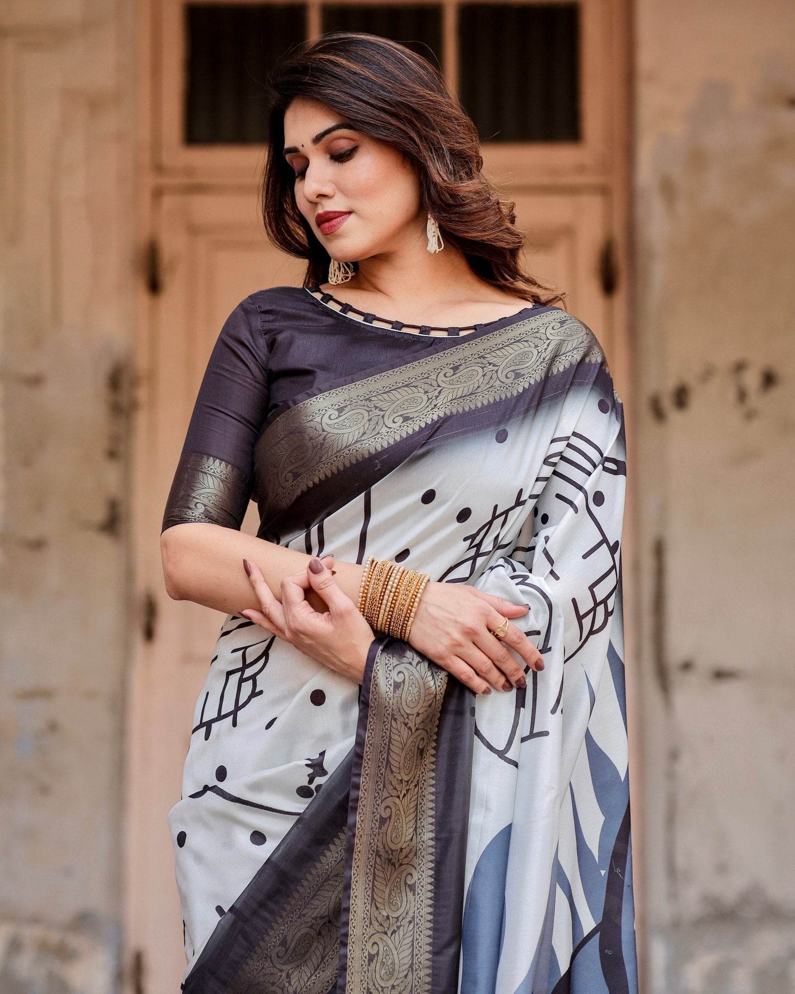 Monochrome Abstract Tussar Silk Saree with Charcoal Gray Zari Border - SEEANS
