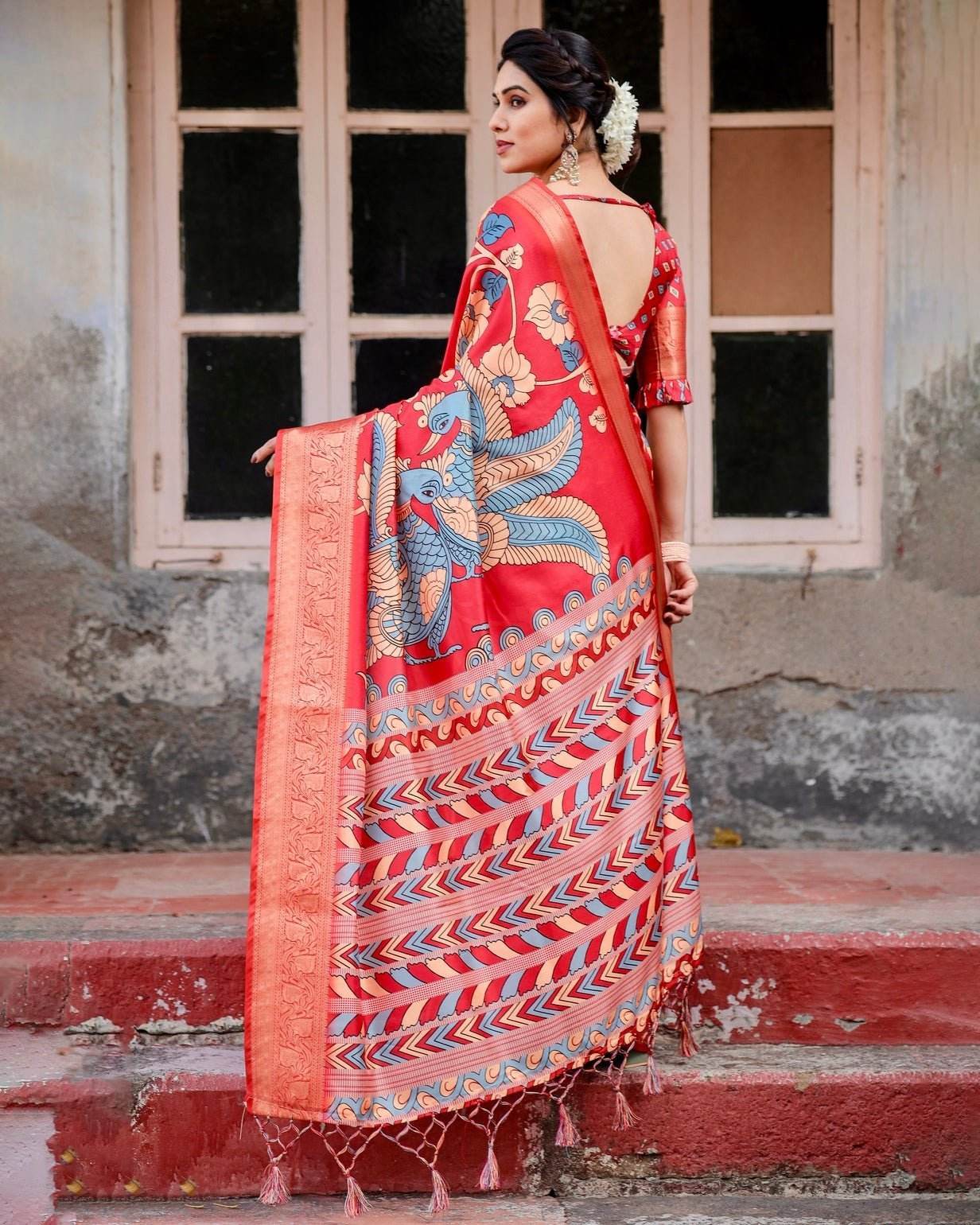 Vibrant Red Tussar Silk Saree with Bold Floral Motifs and Chevron Patterned Pallu - SEEANS