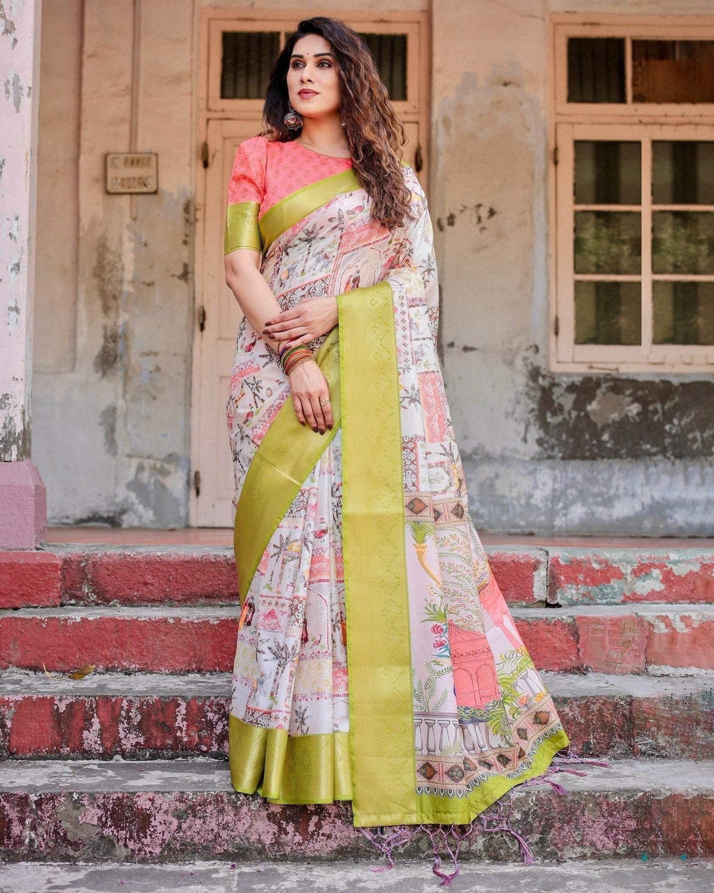 Pastel Tussar Silk Saree with Lime Green Zari Border and Hand-Painted Heritage Designs - SEEANS