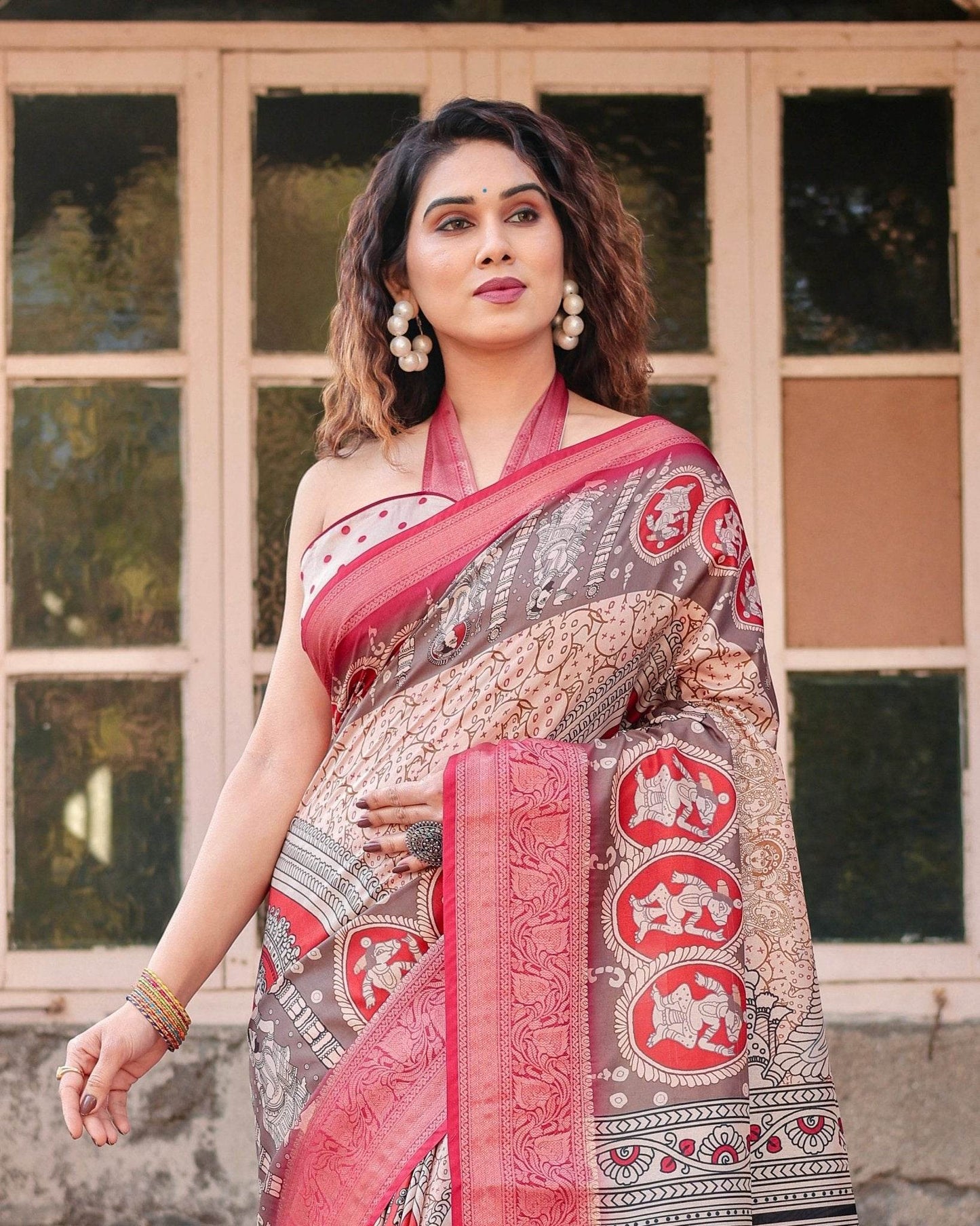 Beige and Red Tussar Silk Saree with Traditional Motifs and Ornamental Zari Border - SEEANS