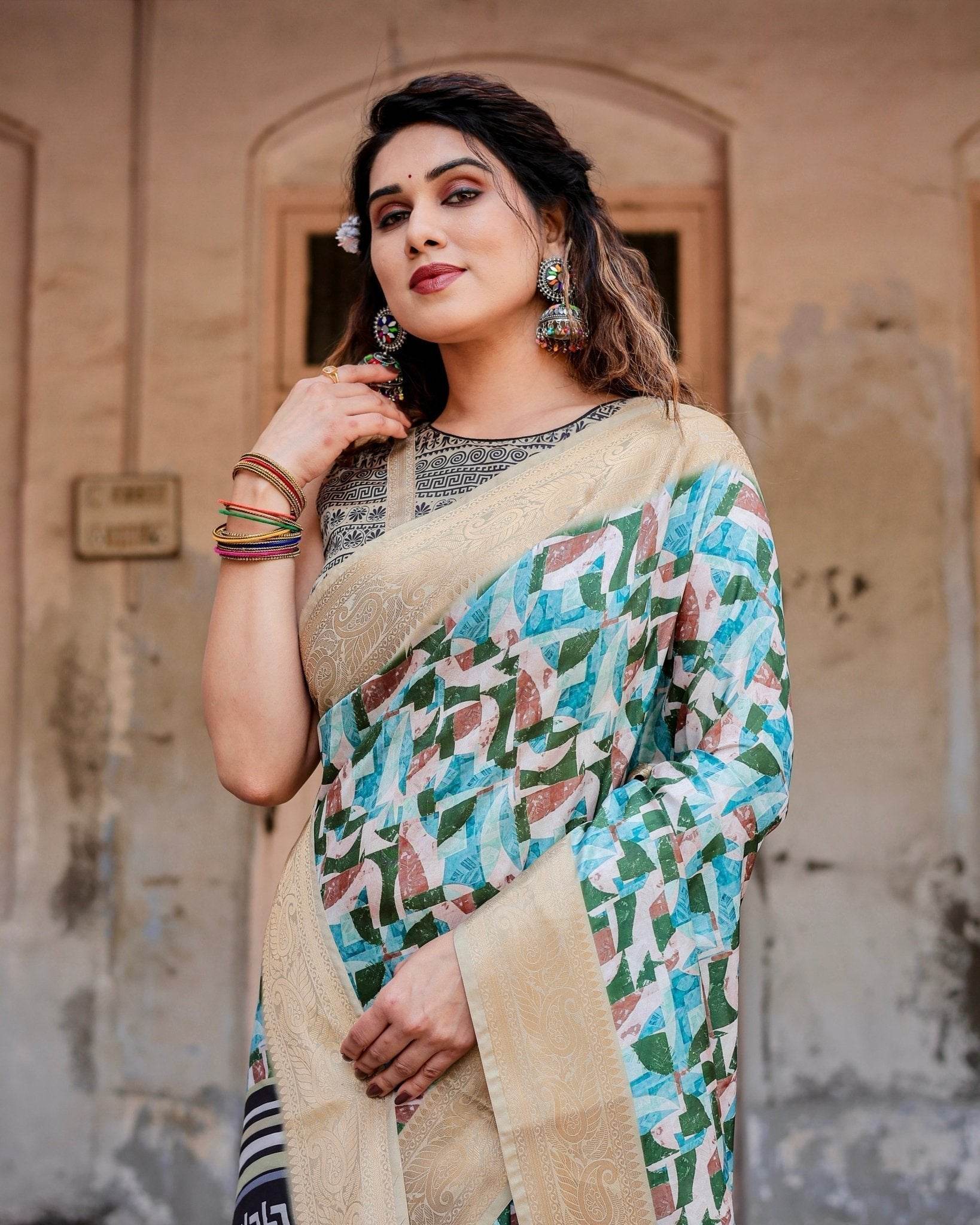 Contemporary Abstract Print Saree with Gold Border and Monochrome Patterned Pallu - SEEANS