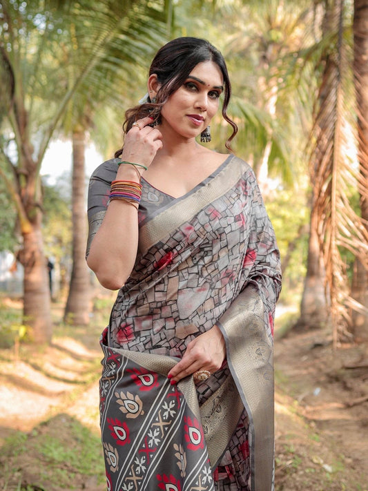 Stunning Grey Tussar Silk Saree with Golden Zari Border and Mosaic-Inspired Pallu Design - SEEANS