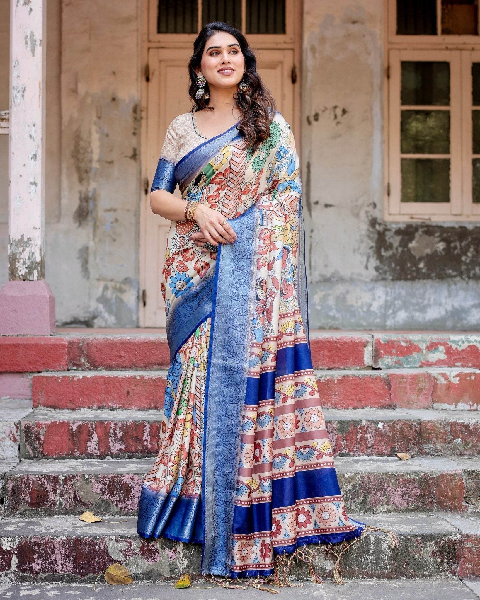 Multicolor Tussar Silk Saree with Artistic Floral Motifs and Traditional Blue Zari Border - SEEANS