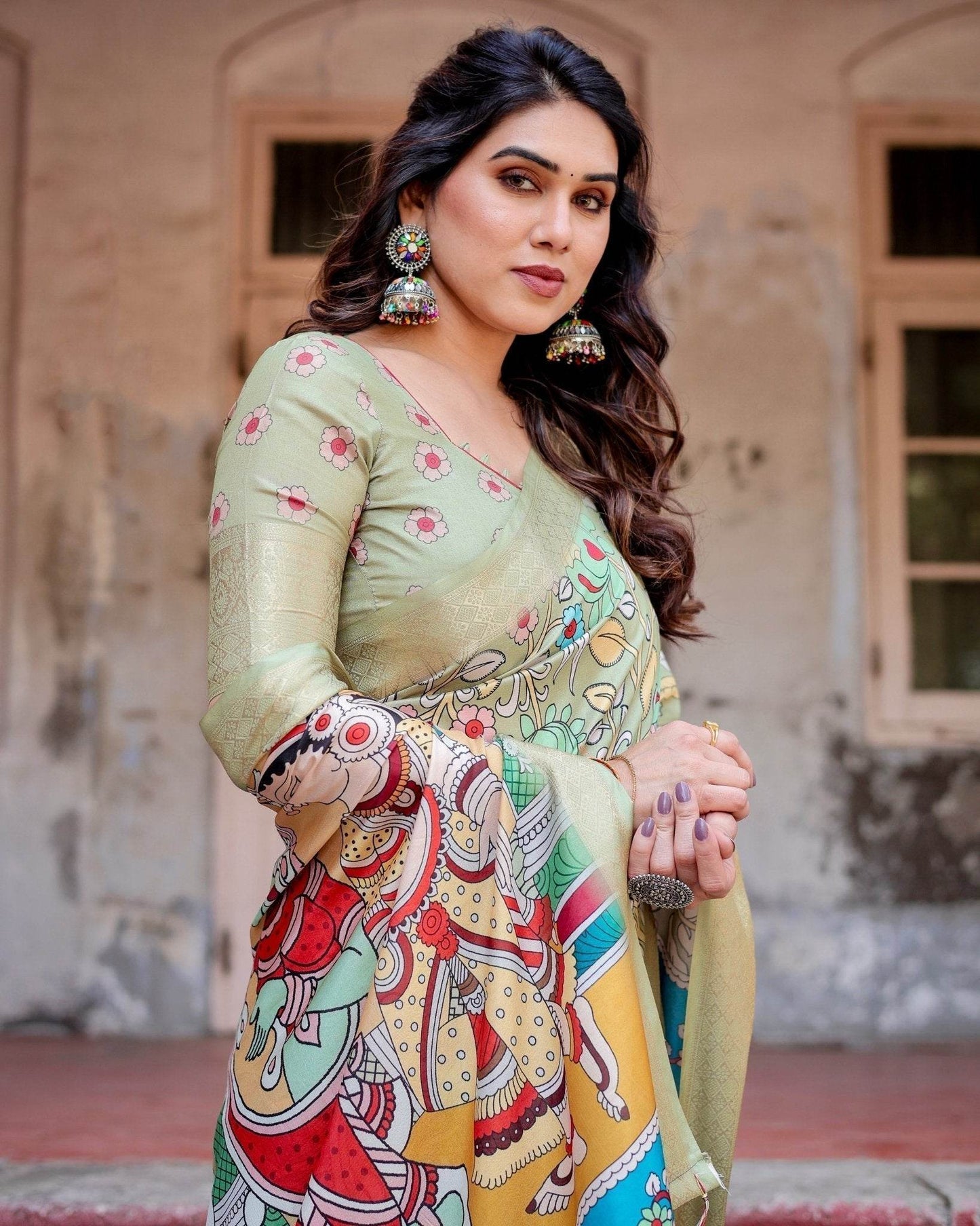 Pastel Green Tussar Silk Saree with Mythological Kalamkari Pallu and Zari Border - SEEANS