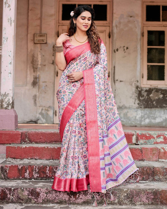 Blush Pink Tussar Silk Saree with Multicolor Floral Design and Zari Paisley Border - SEEANS