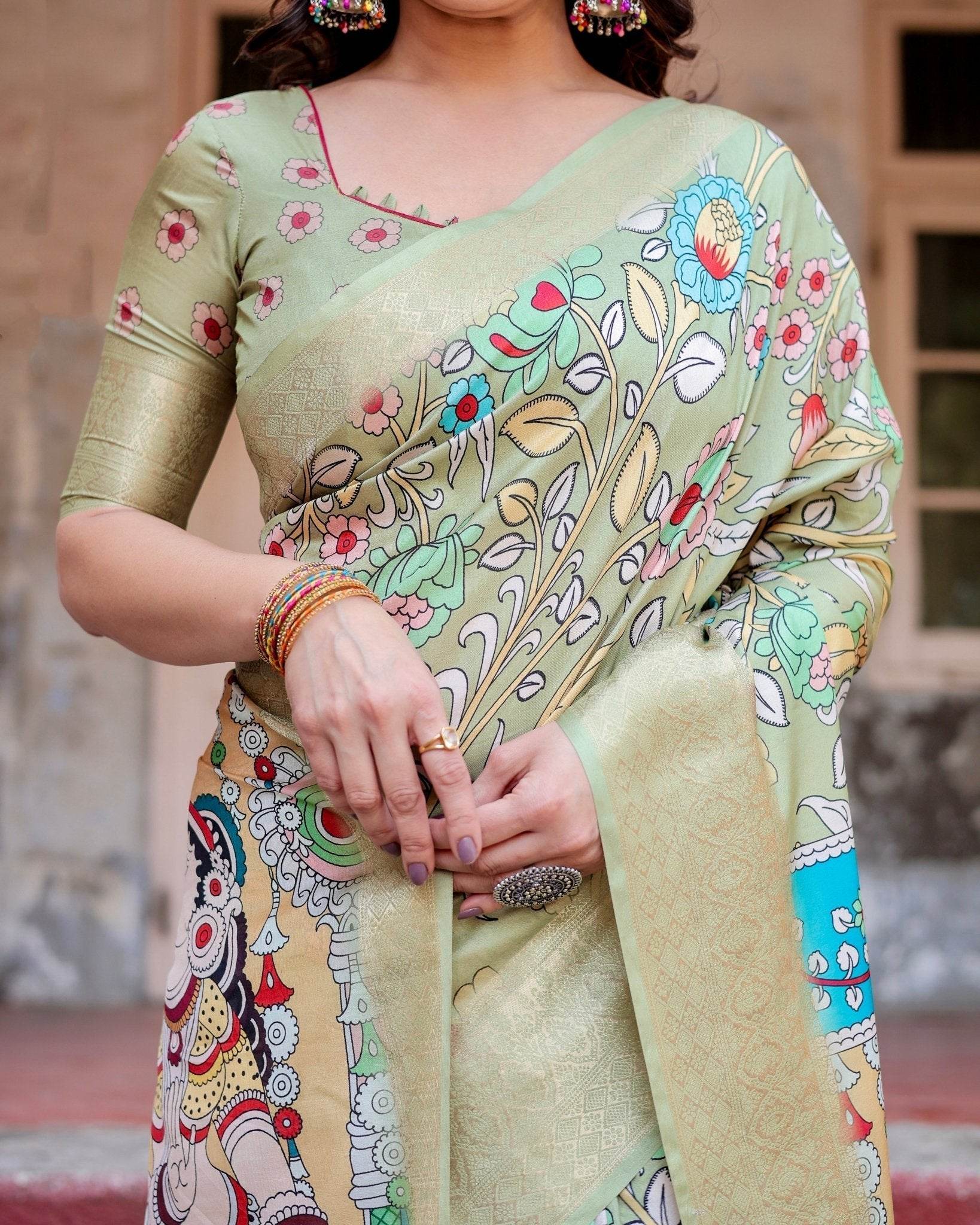 Pastel Green Tussar Silk Saree with Mythological Kalamkari Pallu and Zari Border - SEEANS