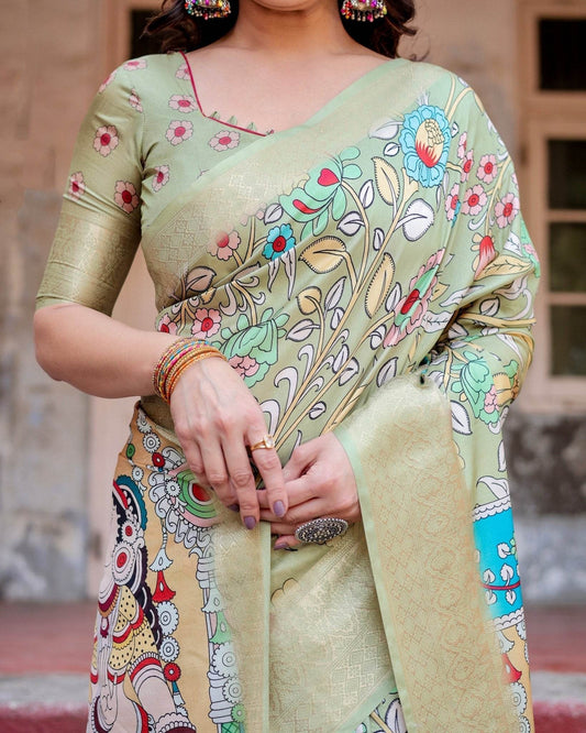 Pastel Green Tussar Silk Saree with Mythological Kalamkari Pallu and Zari Border - SEEANS