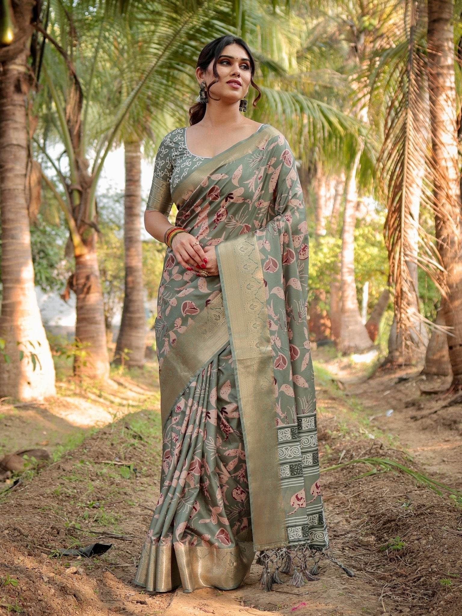 Graceful Olive Green Tussar Silk Saree with Intricate Beige and Maroon Botanical Print and Zari Border - SEEANS