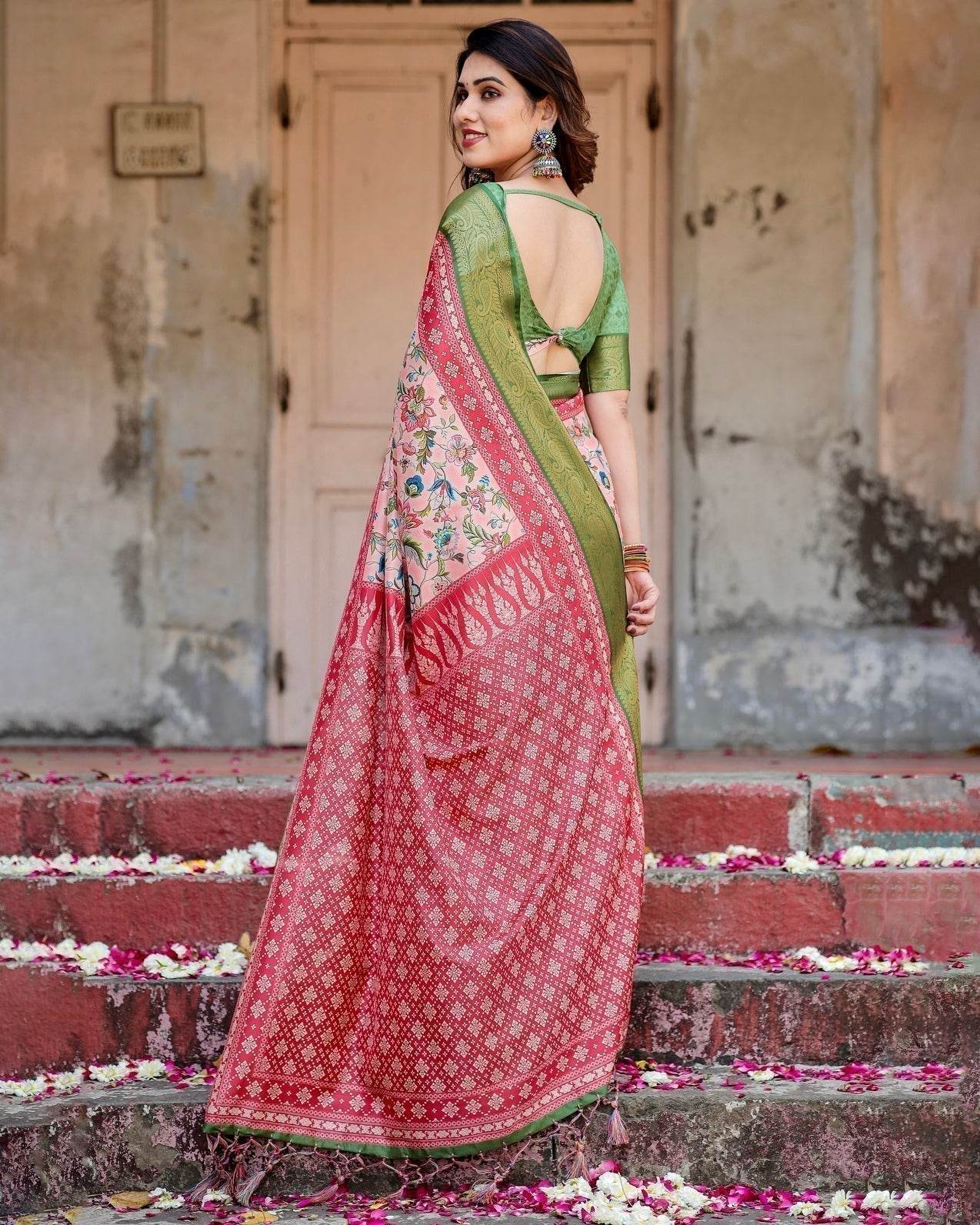 Blush Pink and Green Tussar Silk Saree with Floral Prints and Intricate Zari Work - SEEANS