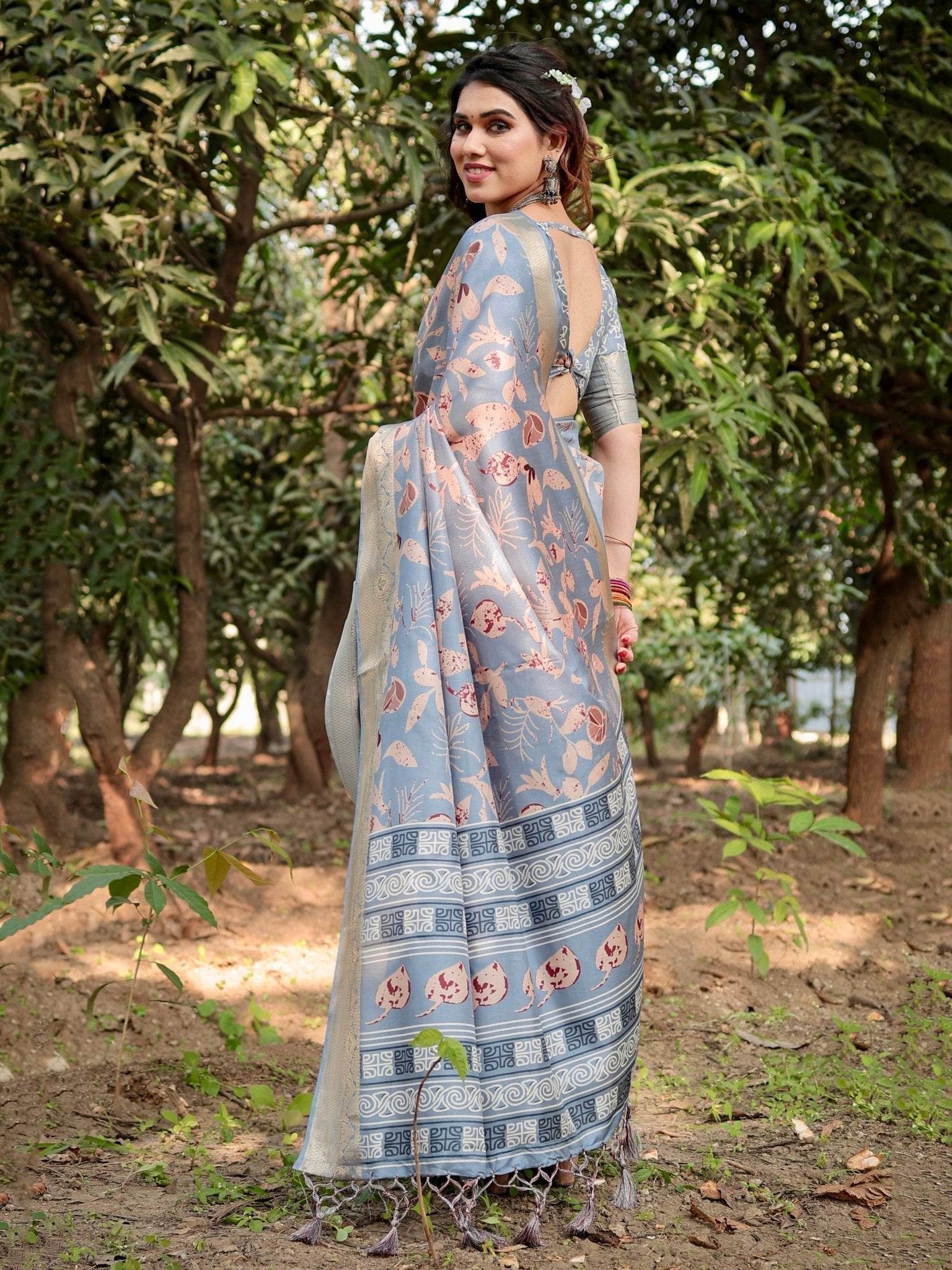 Stylish Sky Blue Tussar Silk Saree with Beige and Gold Zari Work and Contemporary Pallu Design - SEEANS