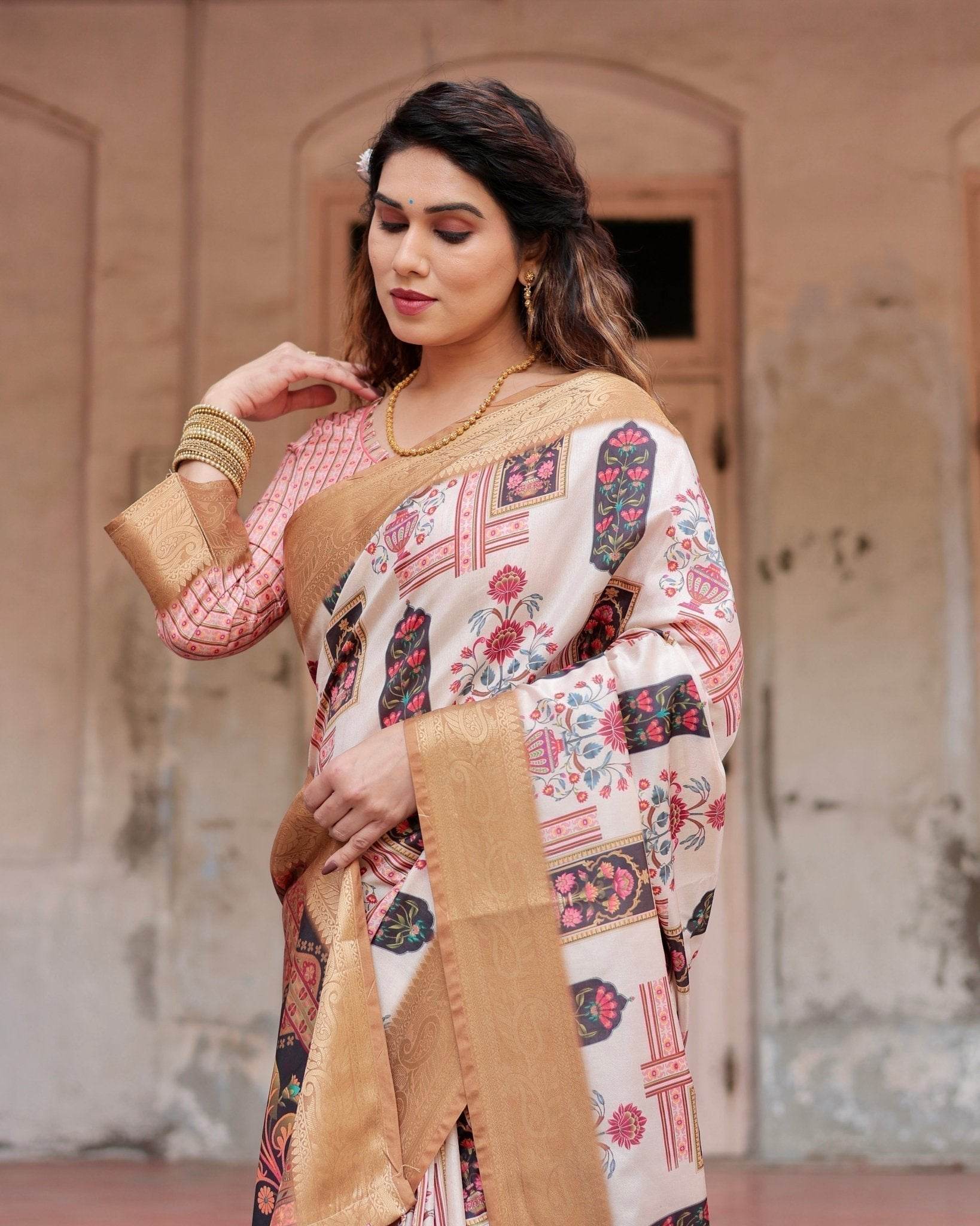 Ivory Tussar Silk Saree with Artistic Floral Motifs and Gleaming Golden Zari Border - SEEANS