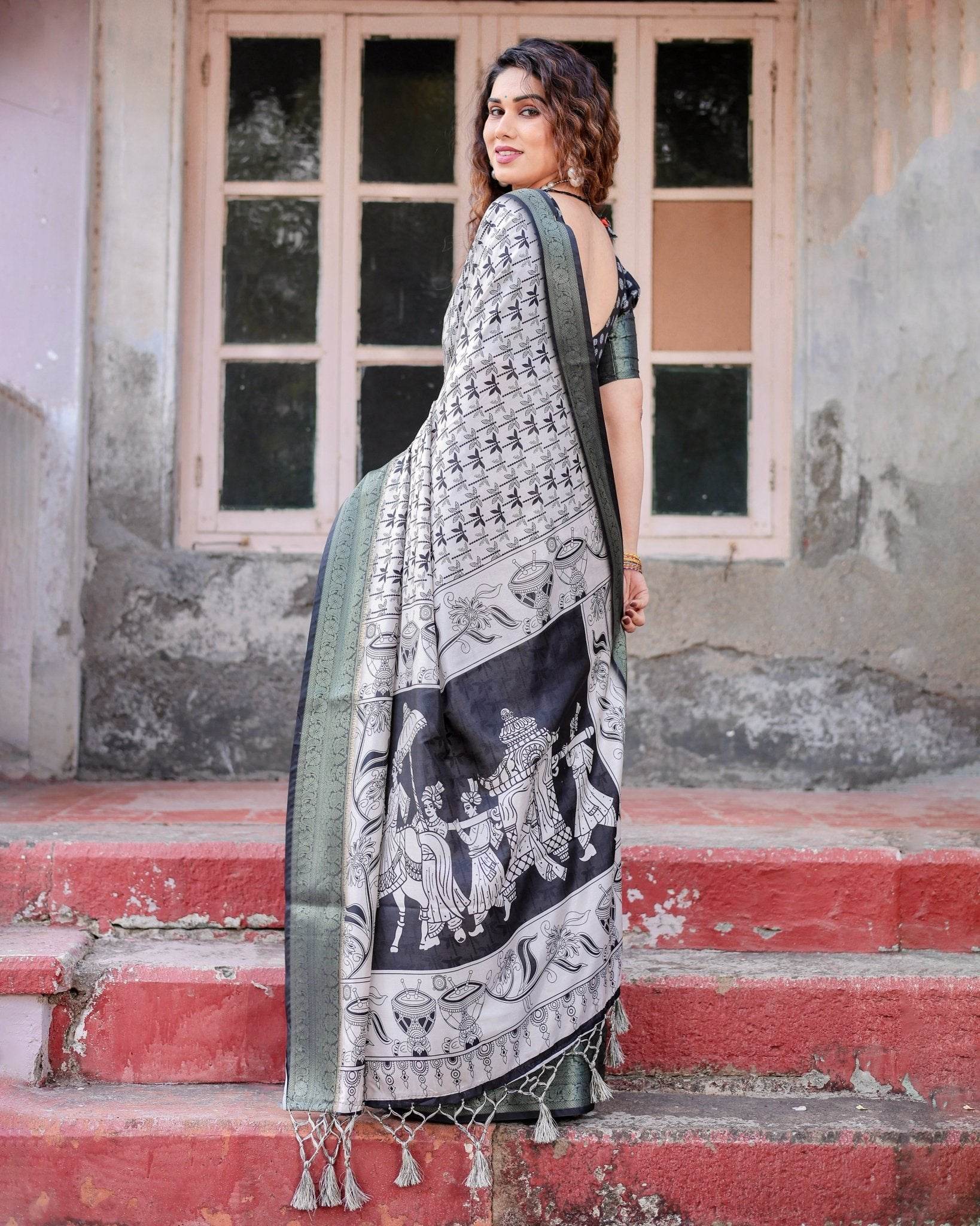 Monochrome White and Black Tussar Silk Saree with Tribal Art Motifs and Zari Border - SEEANS