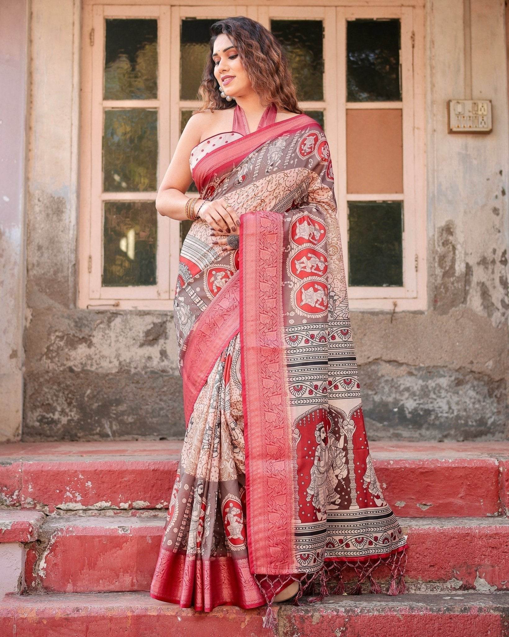 Beige and Red Tussar Silk Saree with Traditional Motifs and Ornamental Zari Border - SEEANS