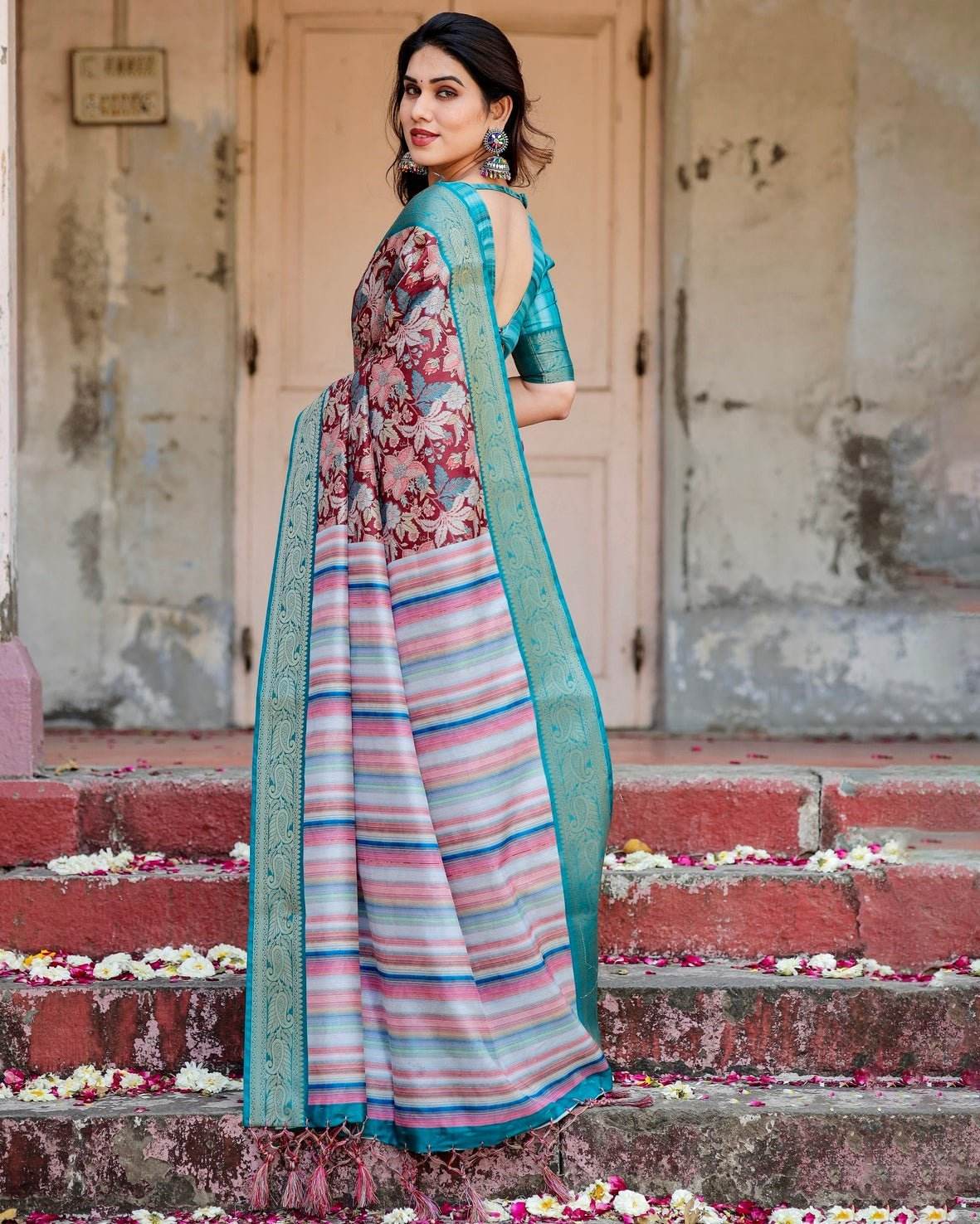 Maroon and Teal Tussar Silk Saree with Floral Zari Weave and Striped Pallu - SEEANS