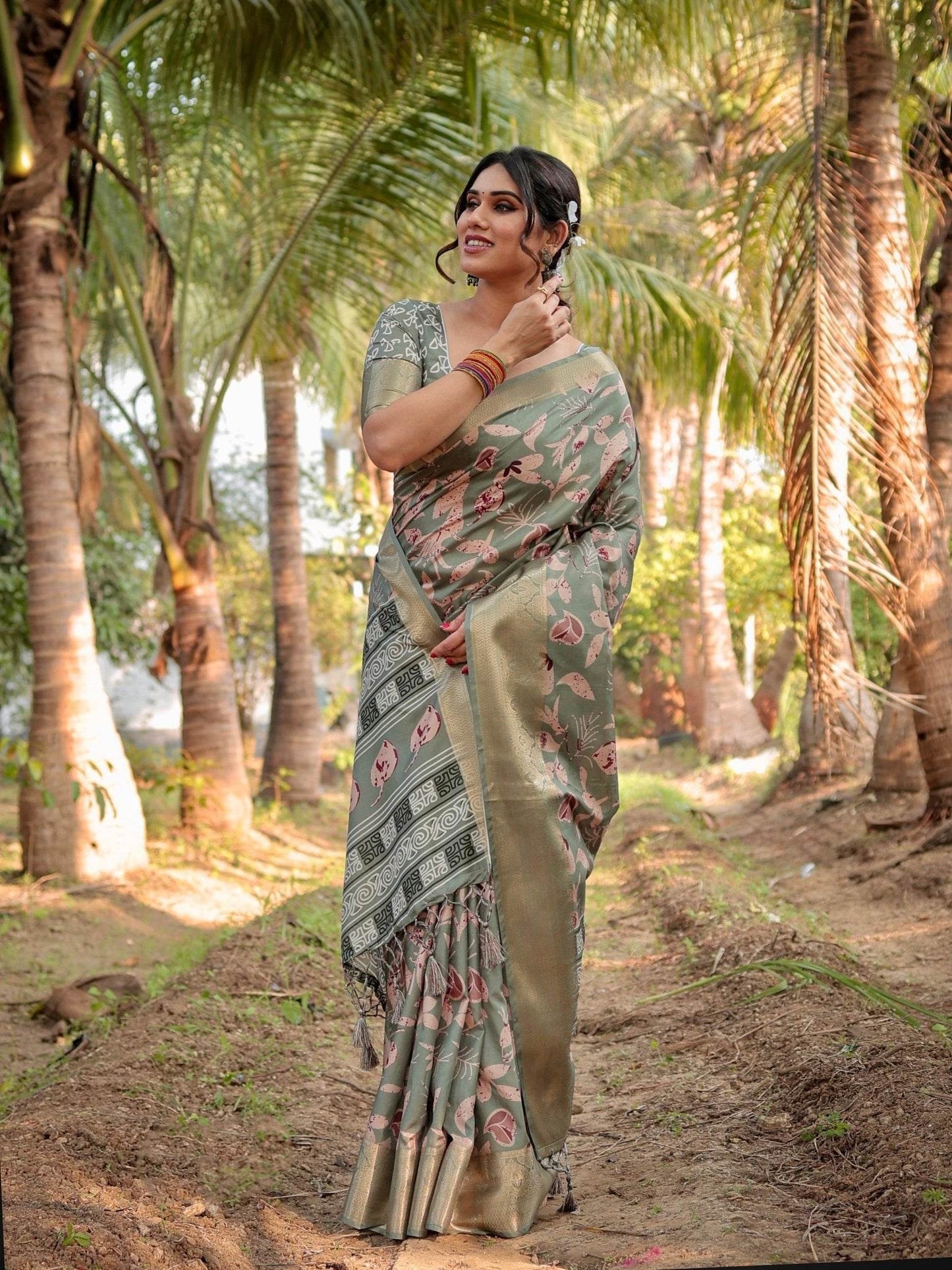 Graceful Olive Green Tussar Silk Saree with Intricate Beige and Maroon Botanical Print and Zari Border - SEEANS