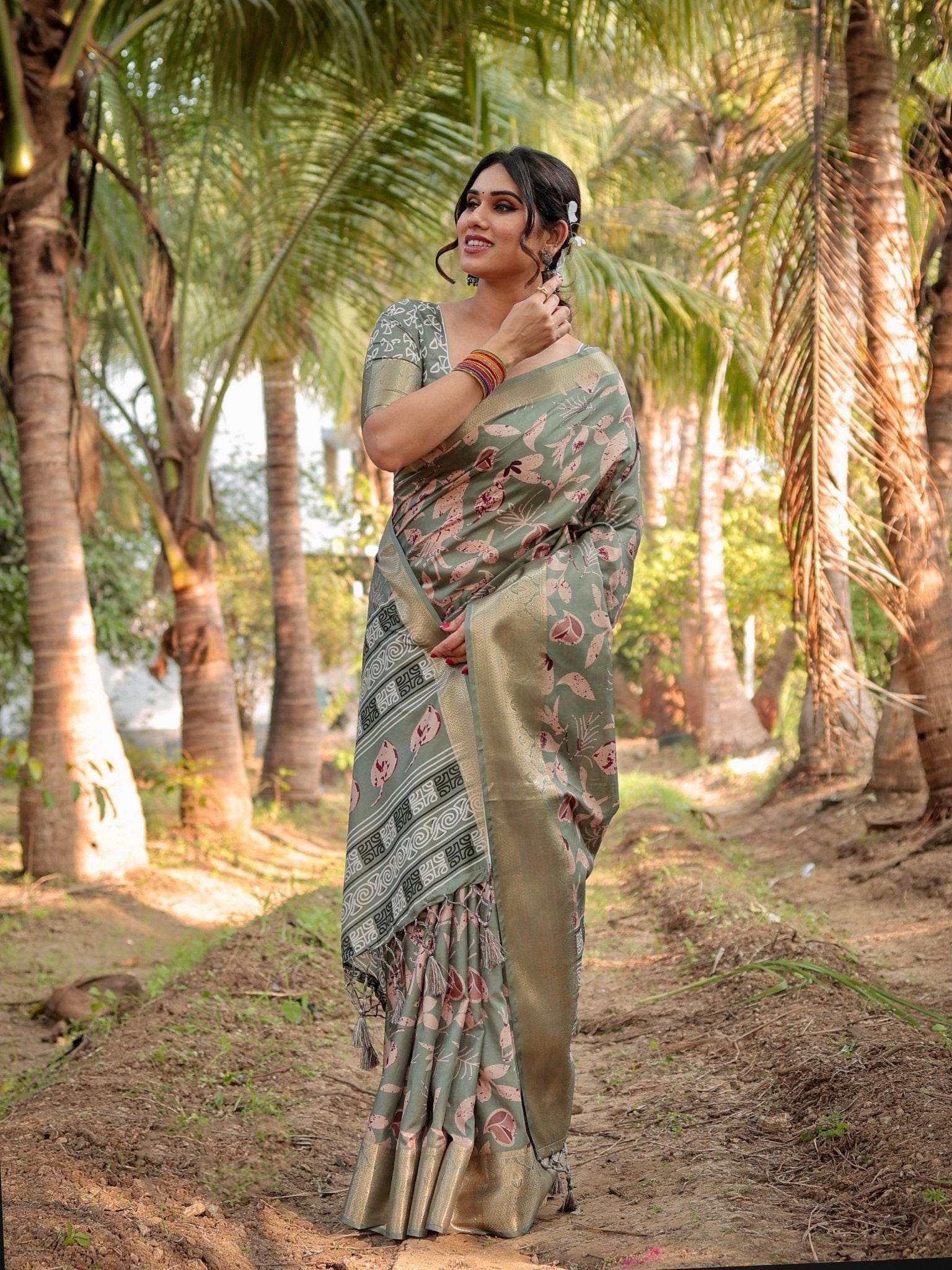 Graceful Olive Green Tussar Silk Saree with Intricate Beige and Maroon Botanical Print and Zari Border - SEEANS