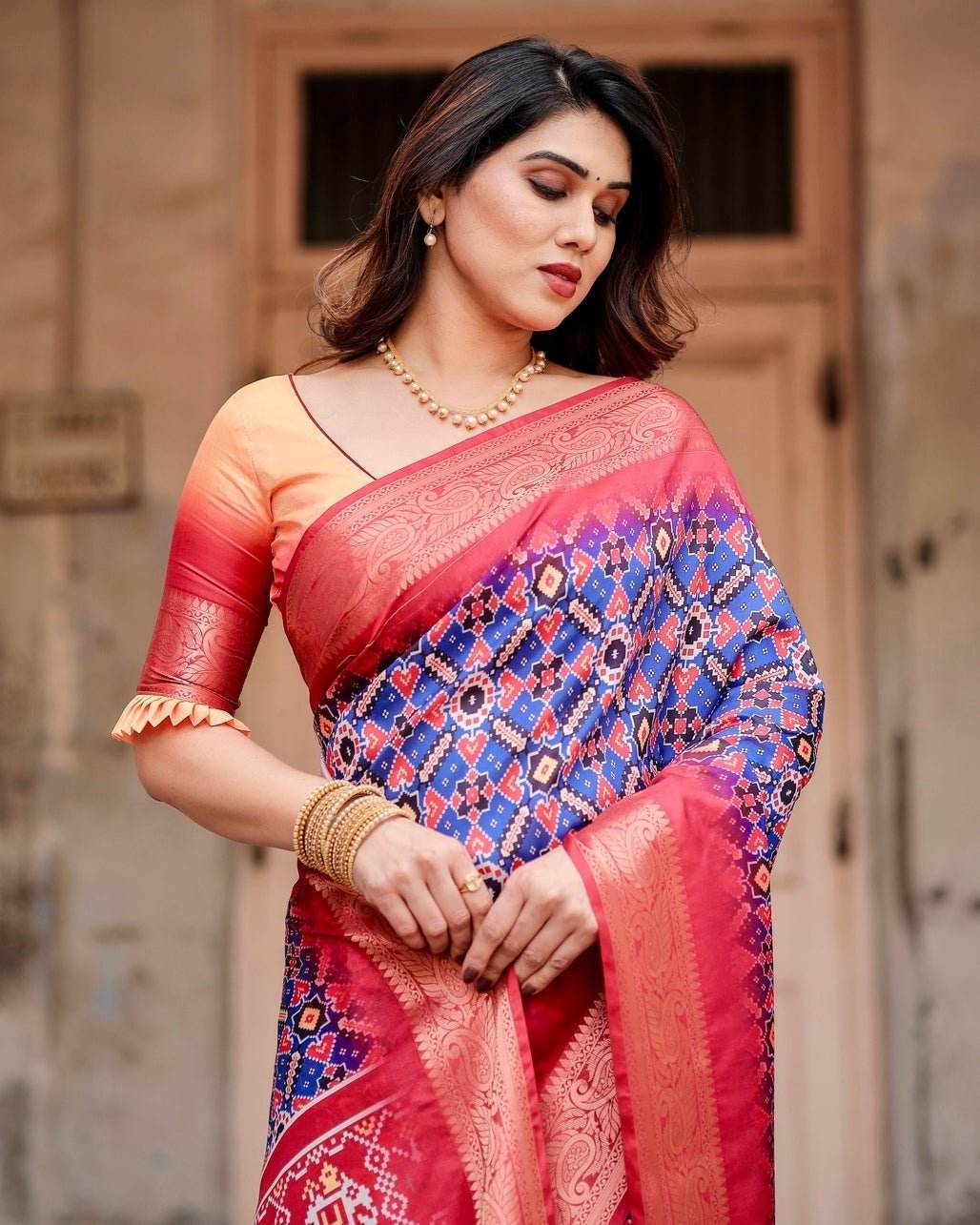 Royal Blue and Red Tussar Silk Saree with Geometric Patterns and Ornate Zari Border - SEEANS